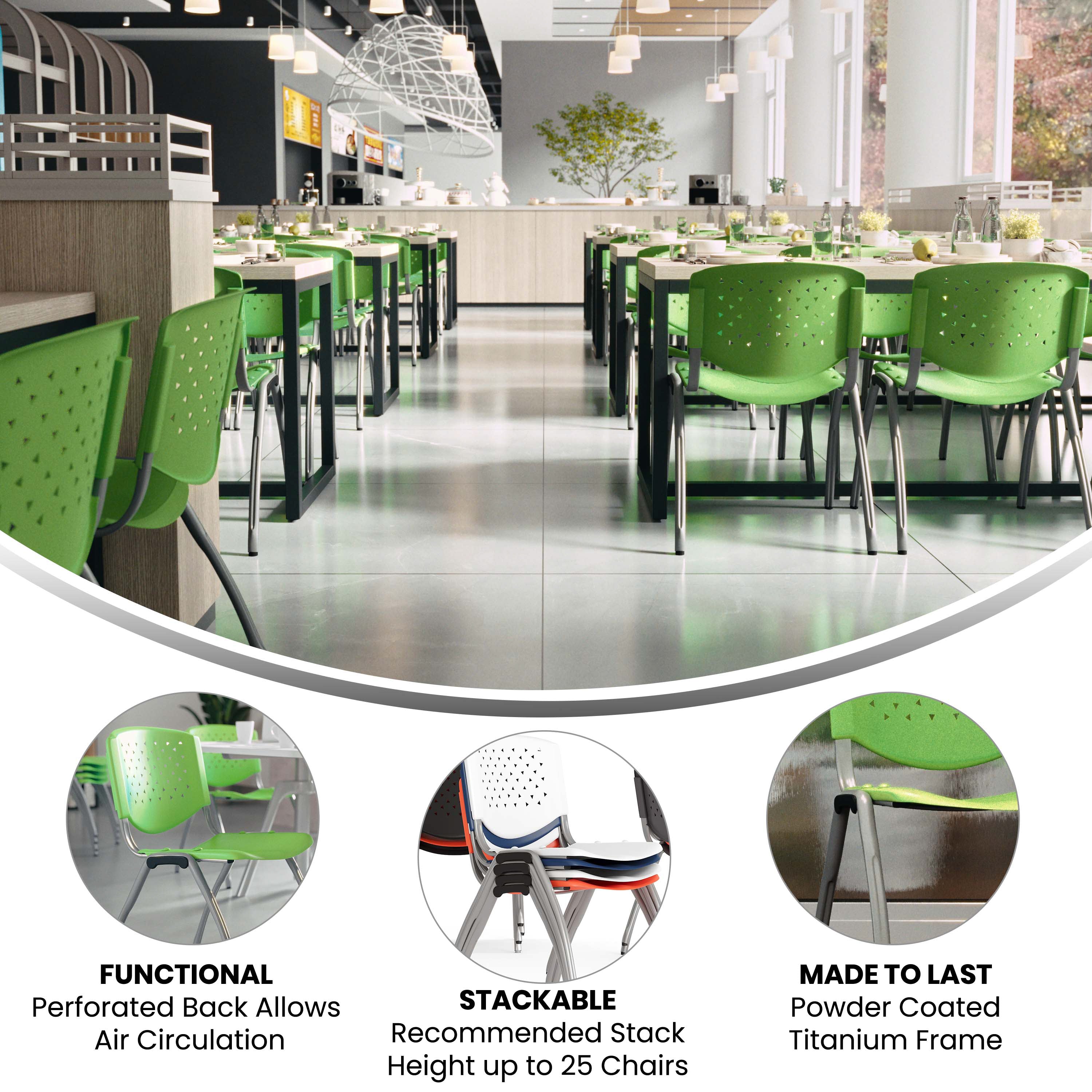 HERCULES Series 880 lb. Capacity Green Plastic Stack Chair with Titanium Gray Powder Coated Frame