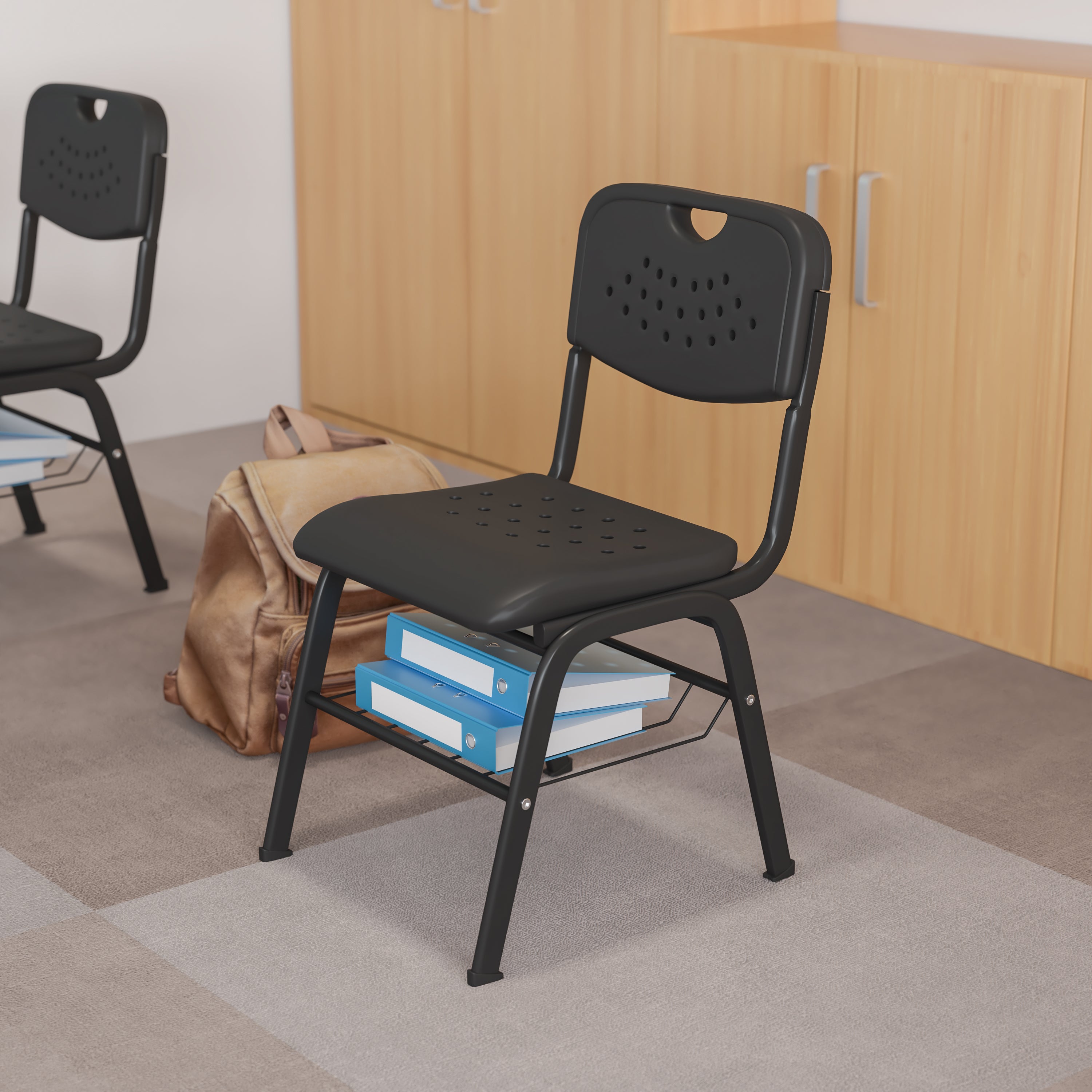HERCULES Series 880 lb. Capacity Black Plastic Chair with Black Frame and Book Basket