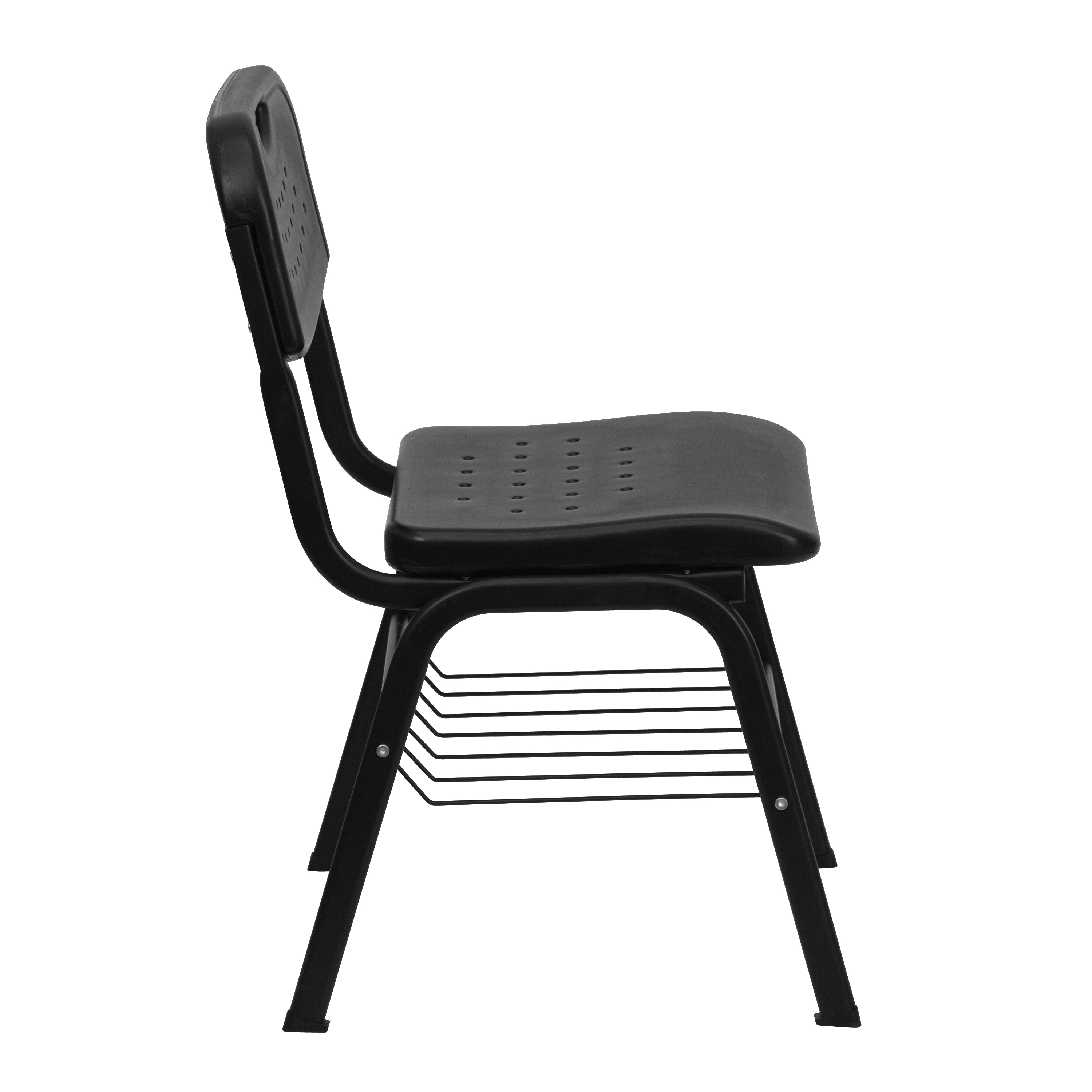 HERCULES Series 880 lb. Capacity Black Plastic Chair with Black Frame and Book Basket