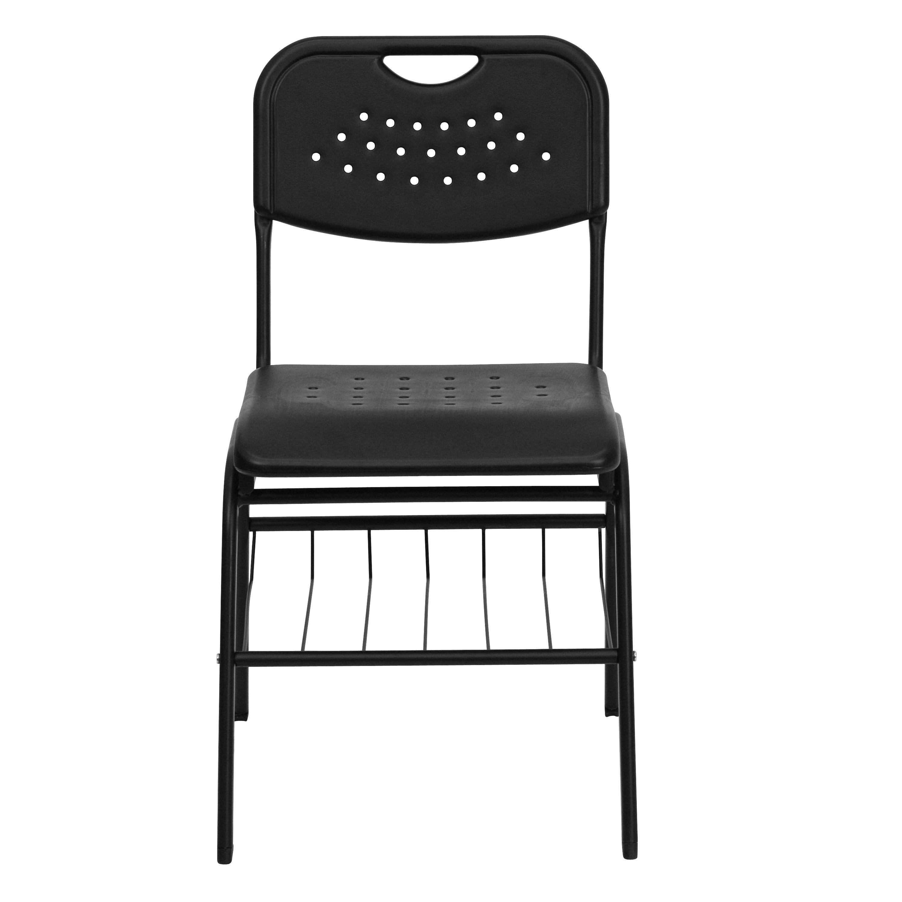 HERCULES Series 880 lb. Capacity Black Plastic Chair with Black Frame and Book Basket