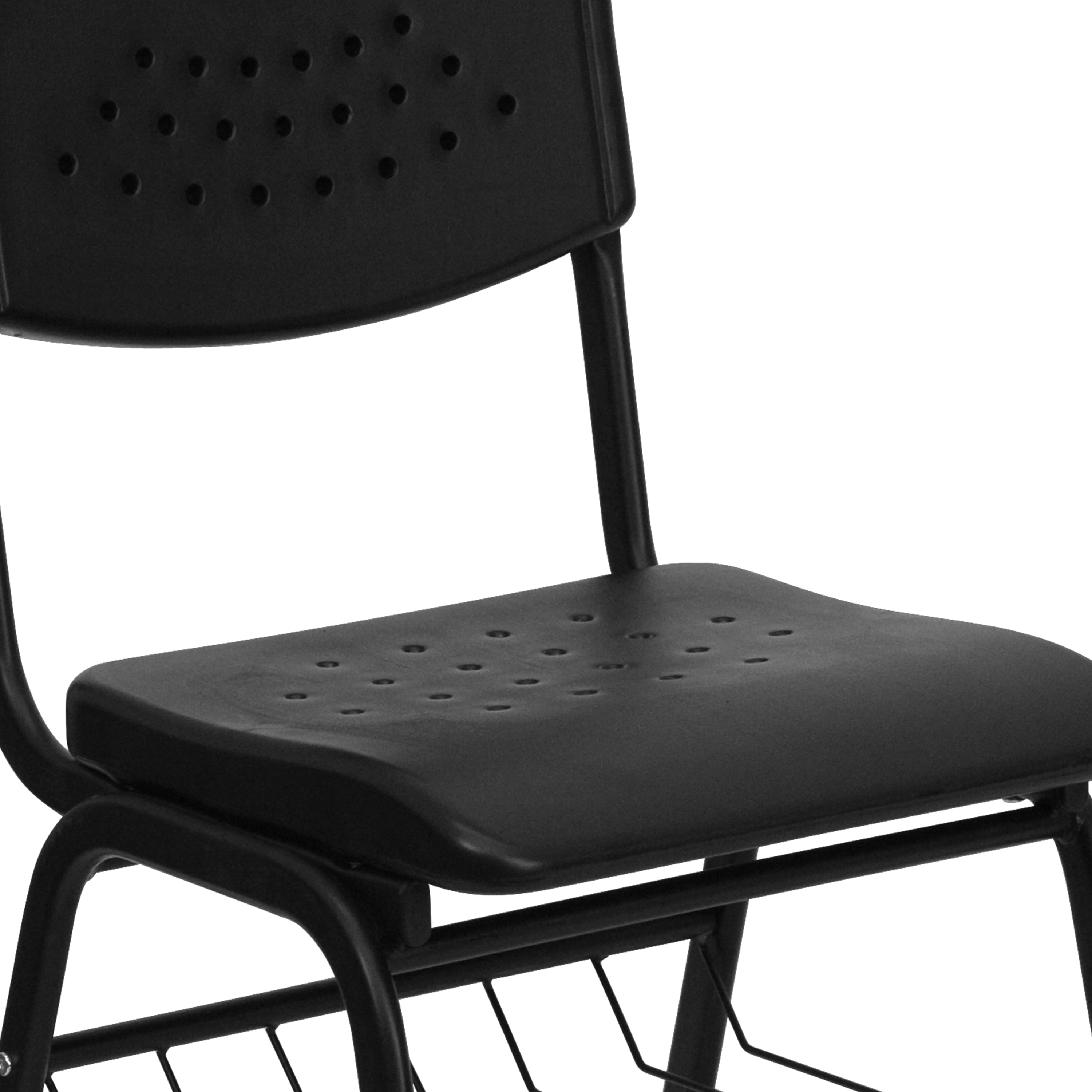 HERCULES Series 880 lb. Capacity Black Plastic Chair with Black Frame and Book Basket