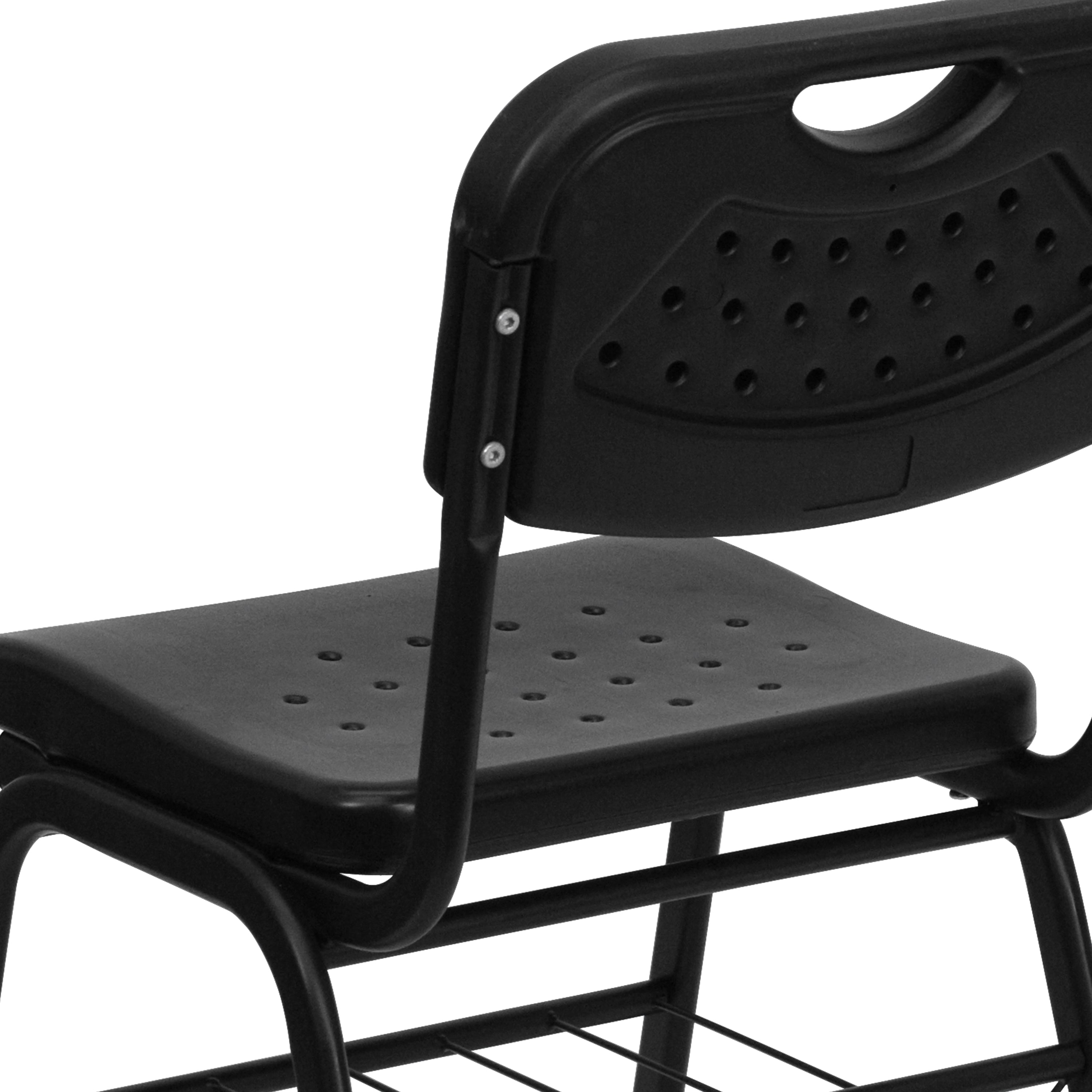 HERCULES Series 880 lb. Capacity Black Plastic Chair with Black Frame and Book Basket