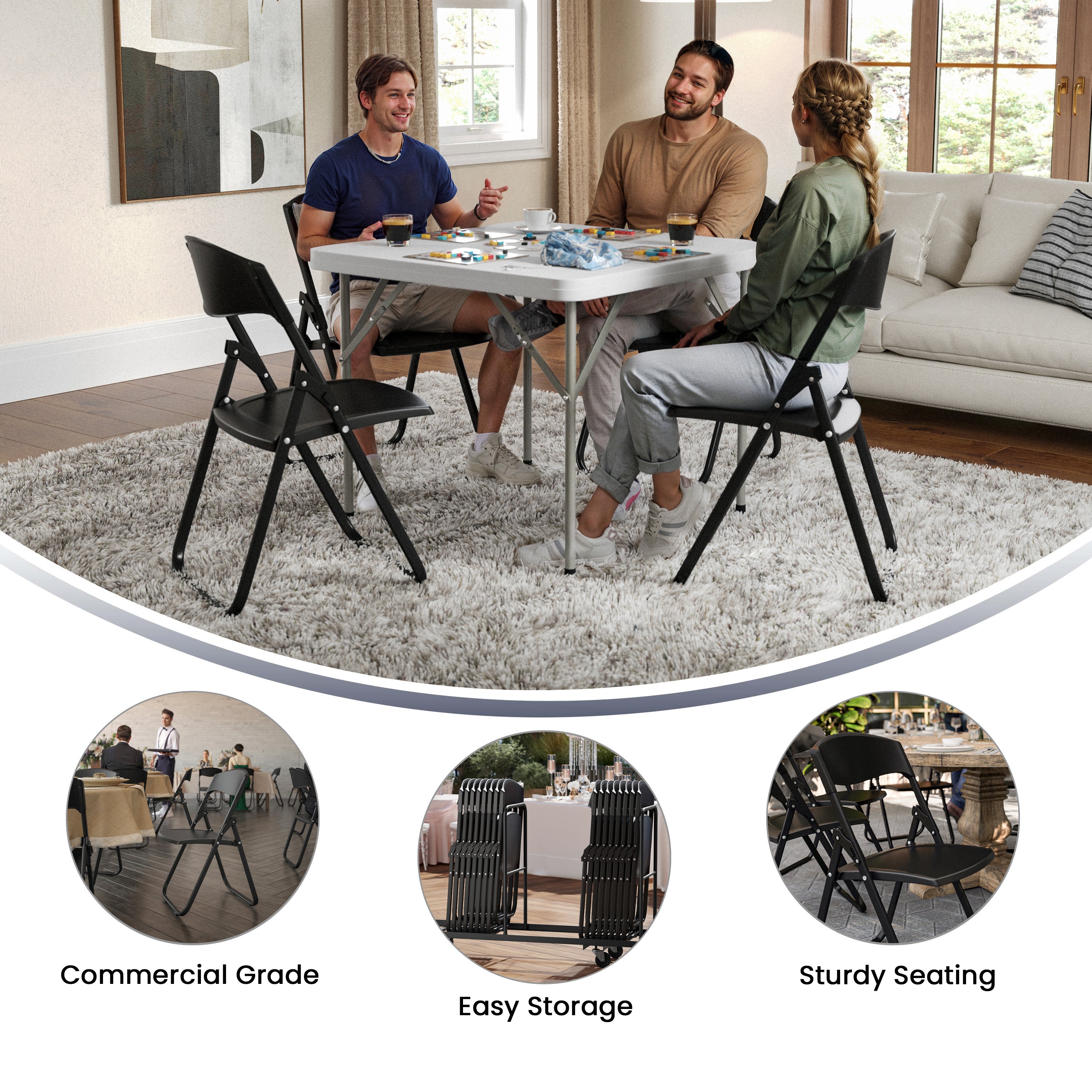 2 Pack HERCULES Series 500 lb. Capacity Heavy Duty Black Plastic Folding Chair with Built-in Ganging Brackets