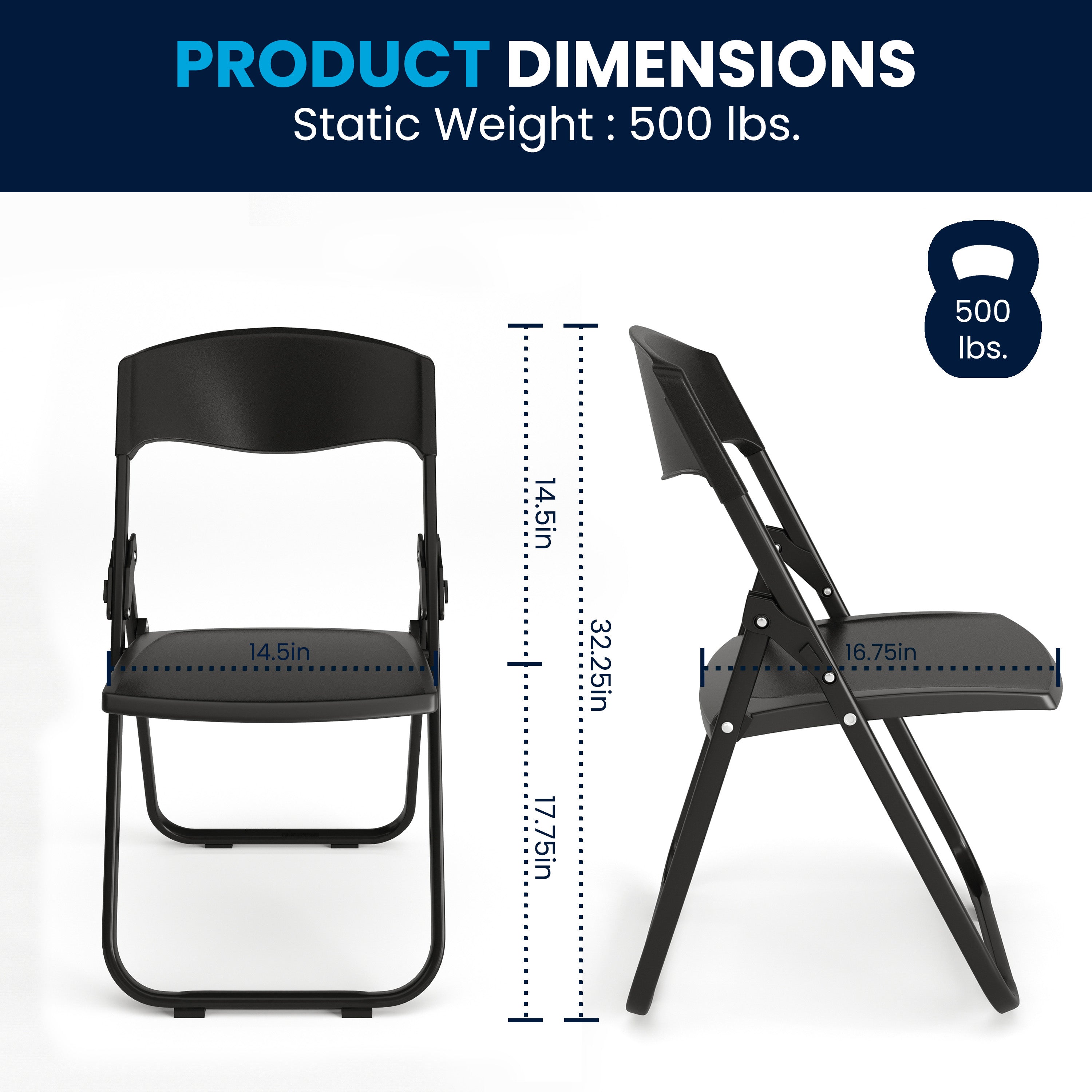 2 Pack HERCULES Series 500 lb. Capacity Heavy Duty Black Plastic Folding Chair with Built-in Ganging Brackets