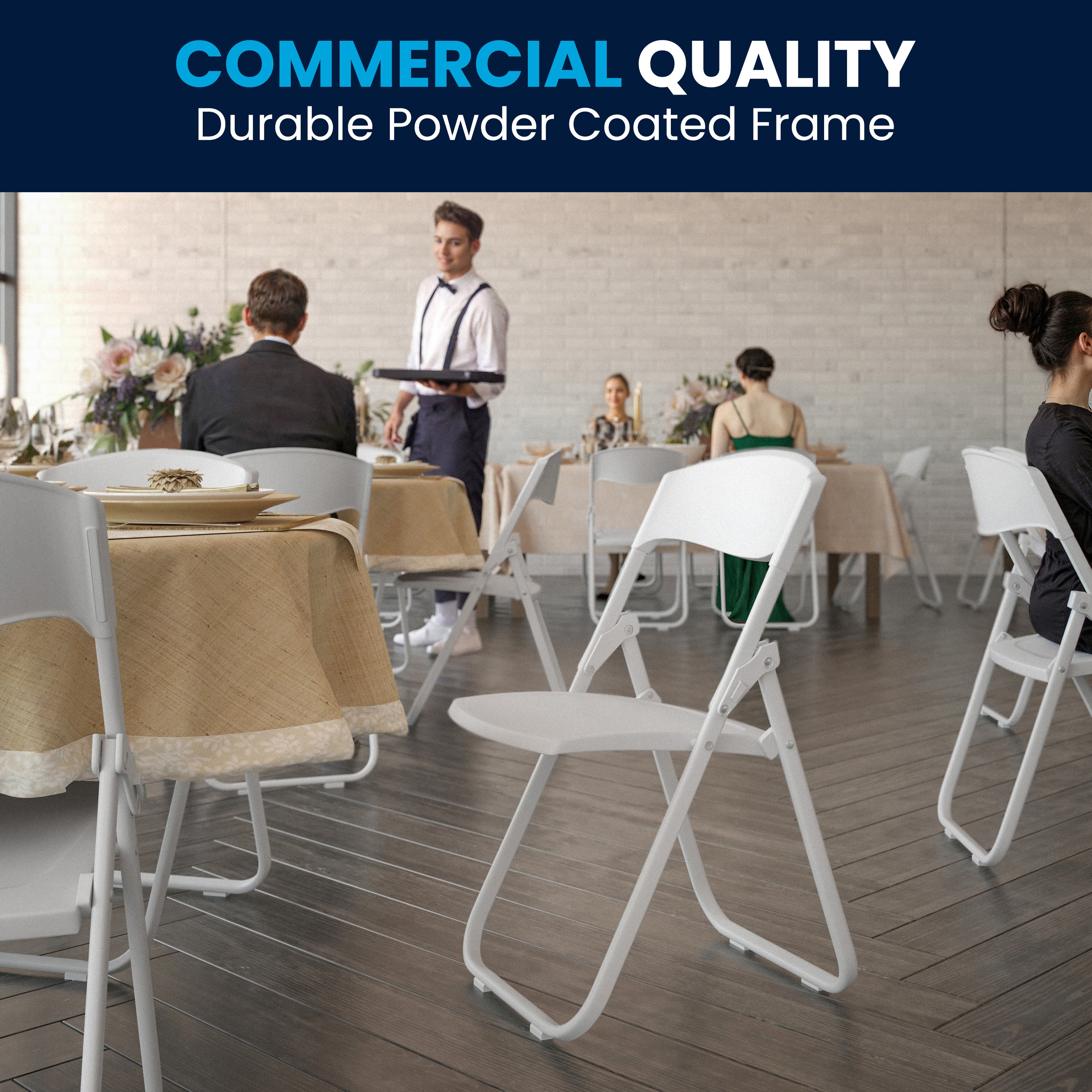2 Pack HERCULES Series 500 lb. Capacity Heavy Duty White Plastic Folding Chair with Built-in Ganging Brackets