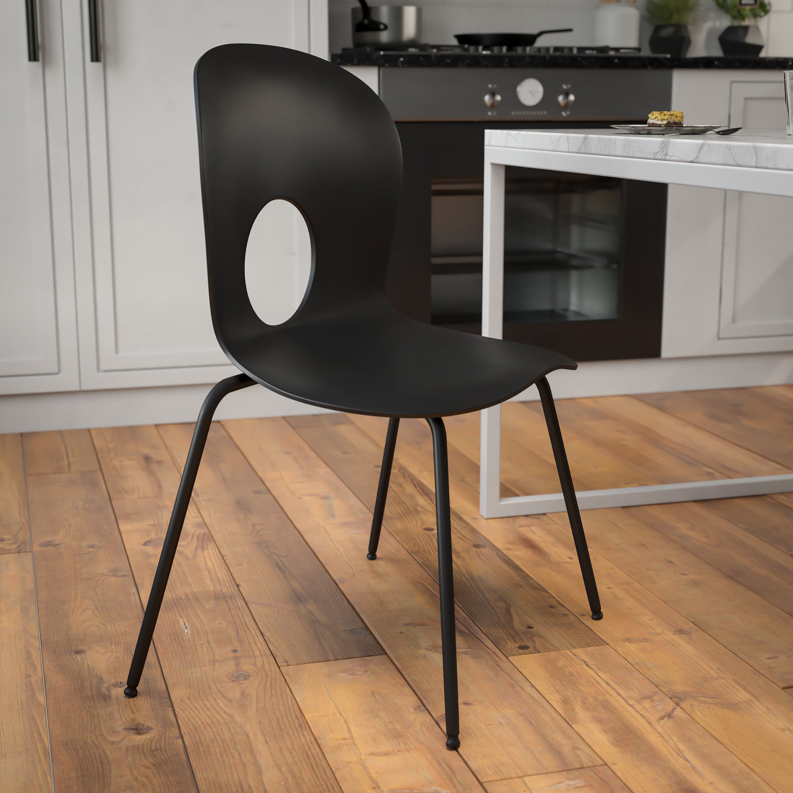 HERCULES Series 770 lb. Capacity Designer Black Plastic Stack Chair with Black Frame