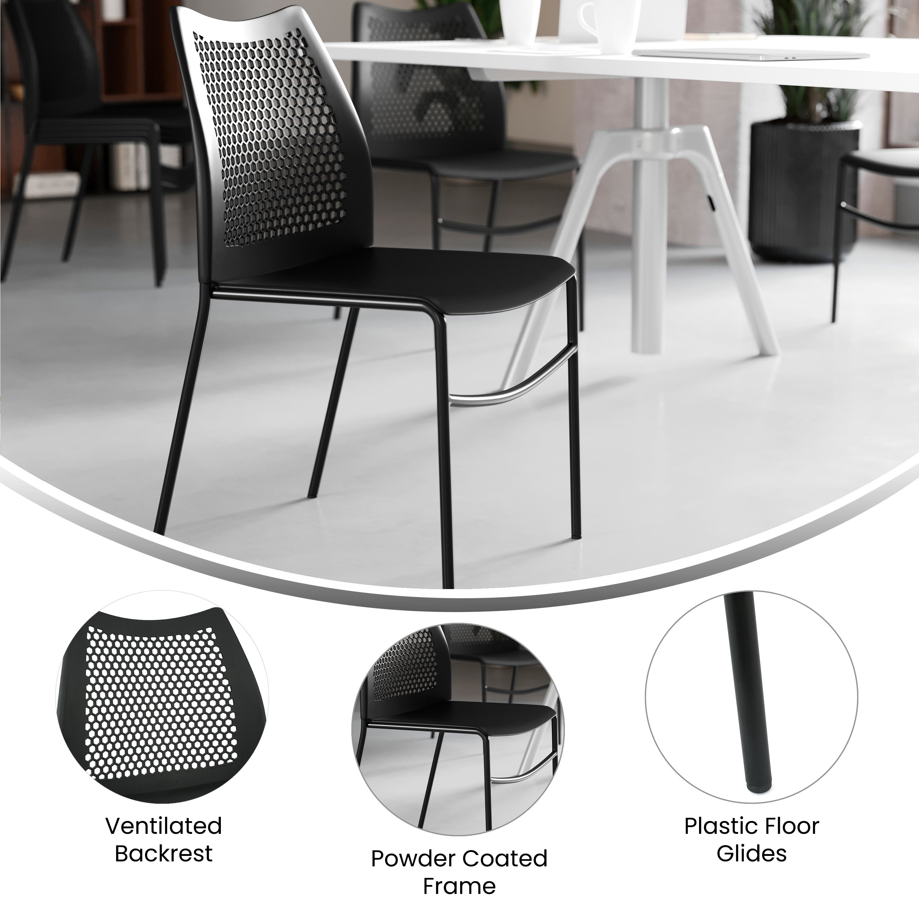 HERCULES Black Stack Chair with Air-Vent Back, Non-Sled Base and Black Powder Coated Metal Frame