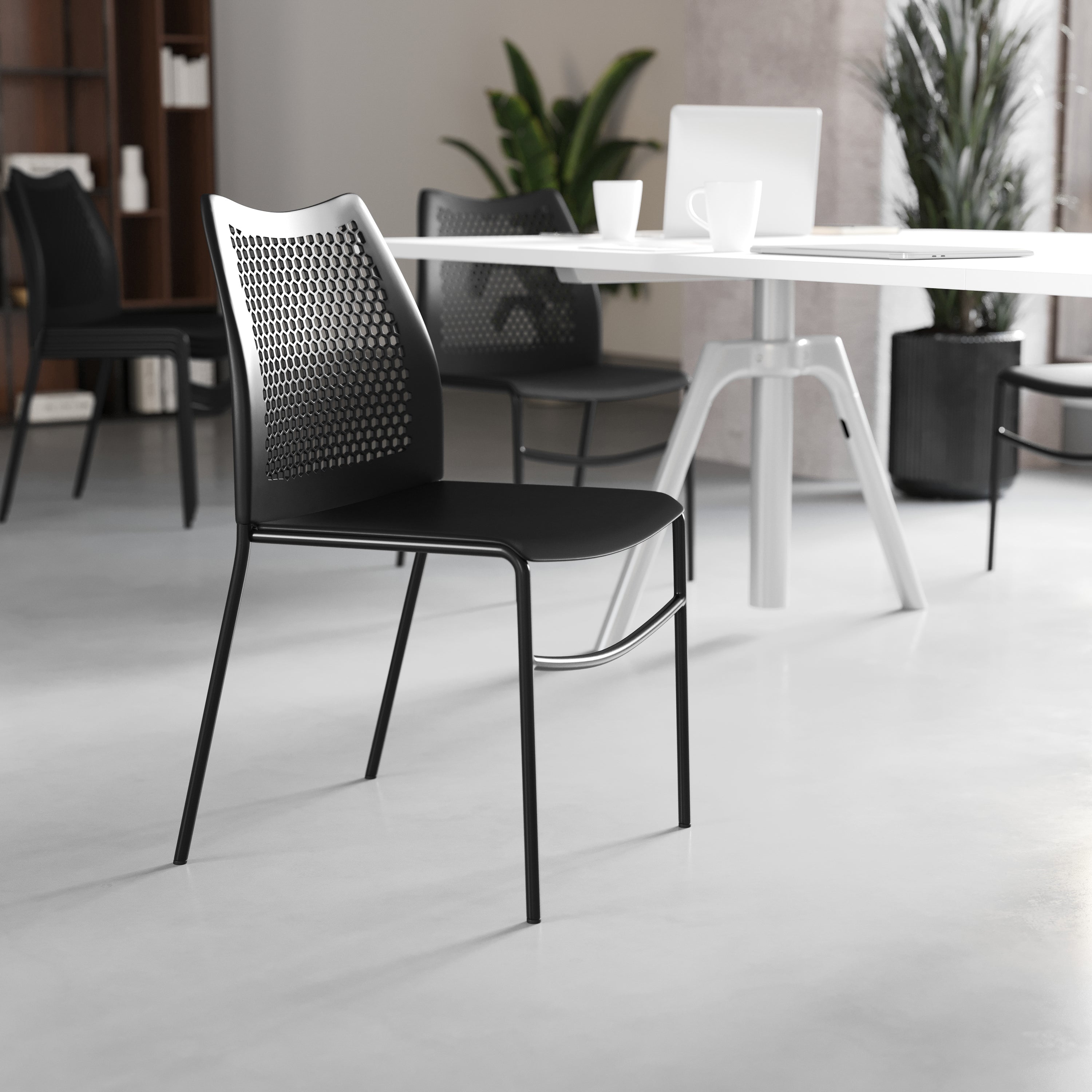 HERCULES Black Stack Chair with Air-Vent Back, Non-Sled Base and Black Powder Coated Metal Frame