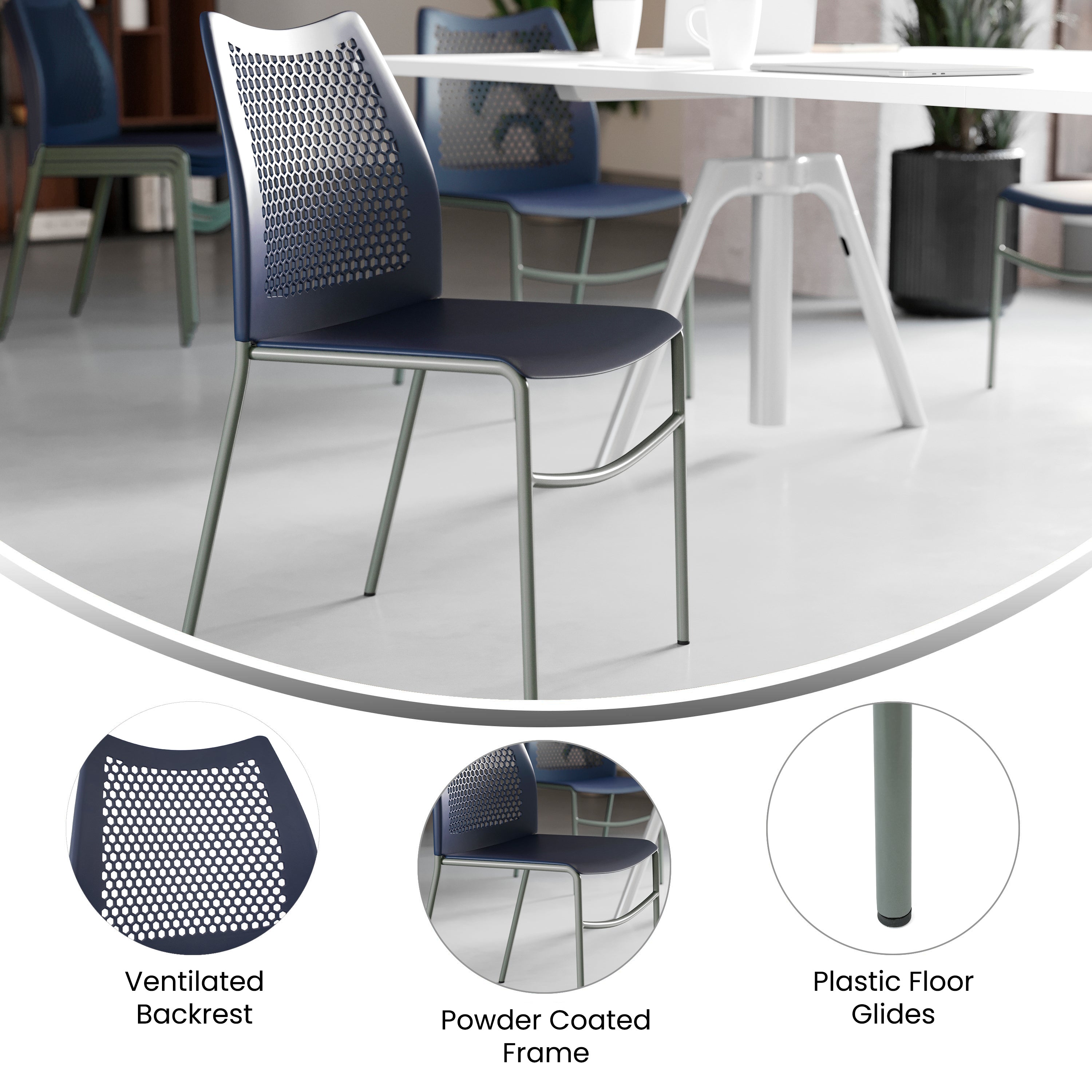 HERCULES Navy Stack Chair with Air-Vent Back, Non-Sled Base and Gray Powder Coated Metal Frame