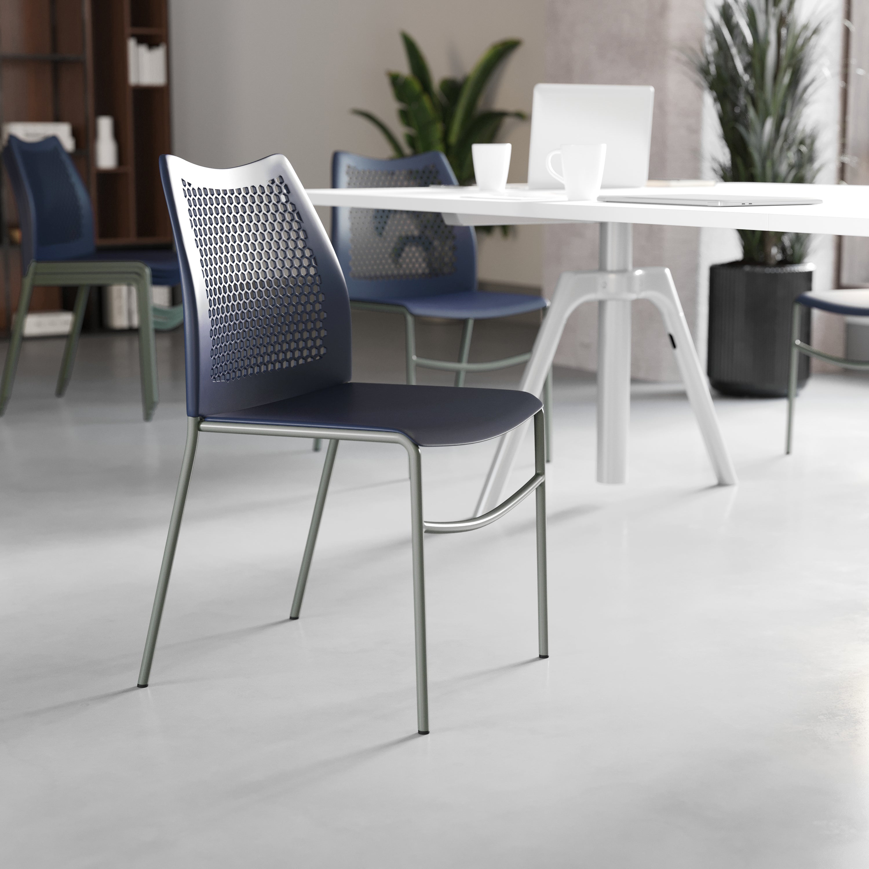 HERCULES Navy Stack Chair with Air-Vent Back, Non-Sled Base and Gray Powder Coated Metal Frame