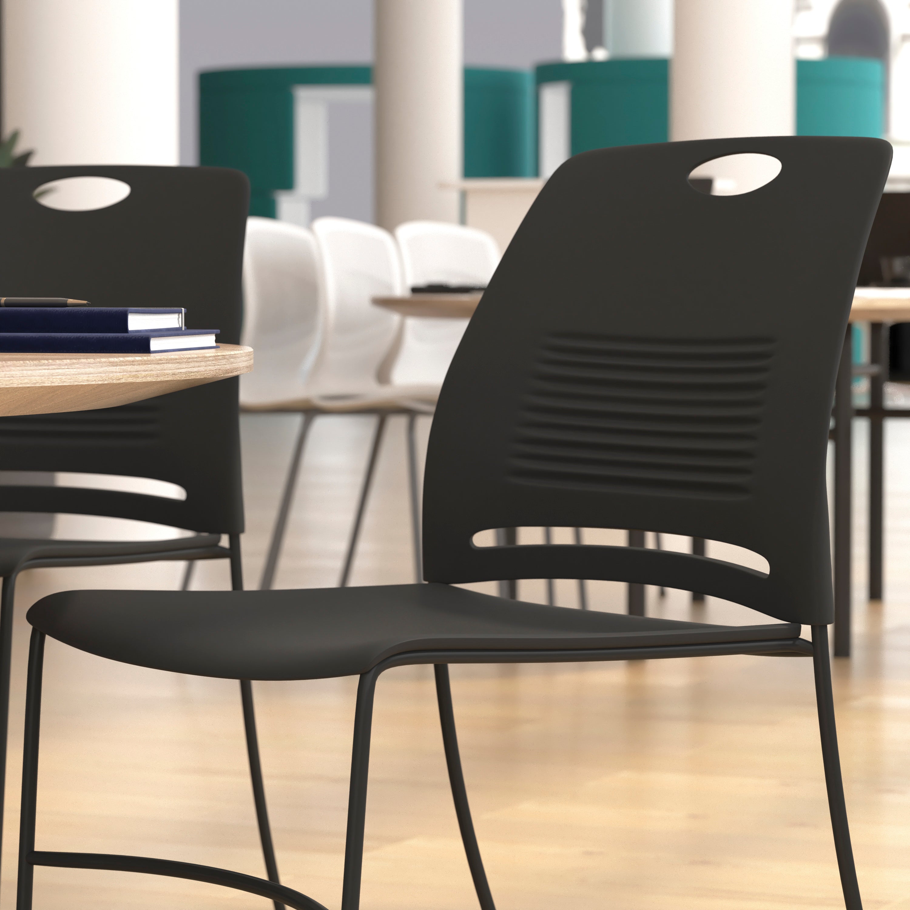 HERCULES Series Commercial Grade 660 lb. Capacity Black Plastic Stack Chair with Black Powder Coated Sled Base Frame and Integrated Carrying Handle