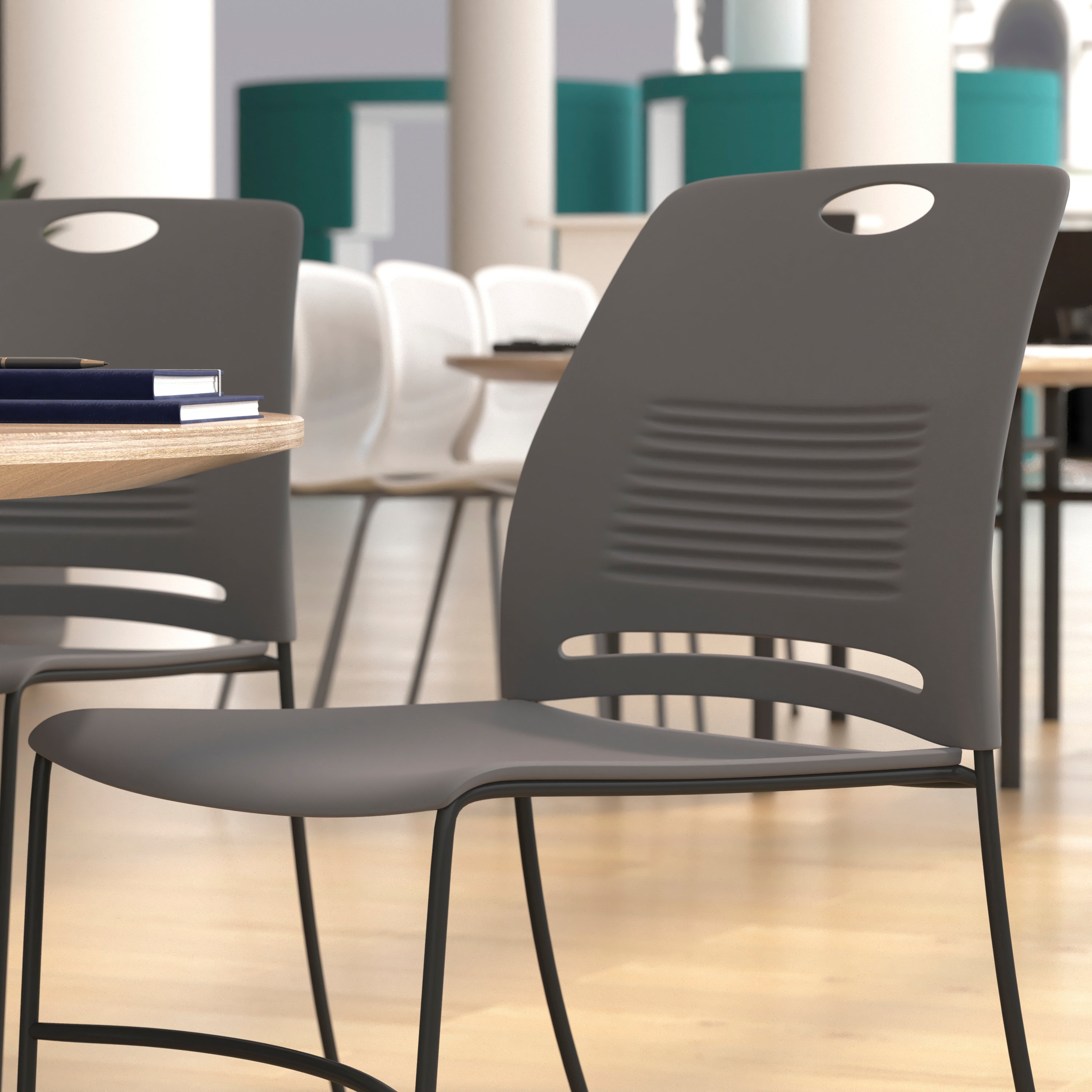 HERCULES Series Commercial Grade 660 lb. Capacity Gray Plastic Stack Chair with Black Powder Coated Sled Base Frame and Integrated Carrying Handle