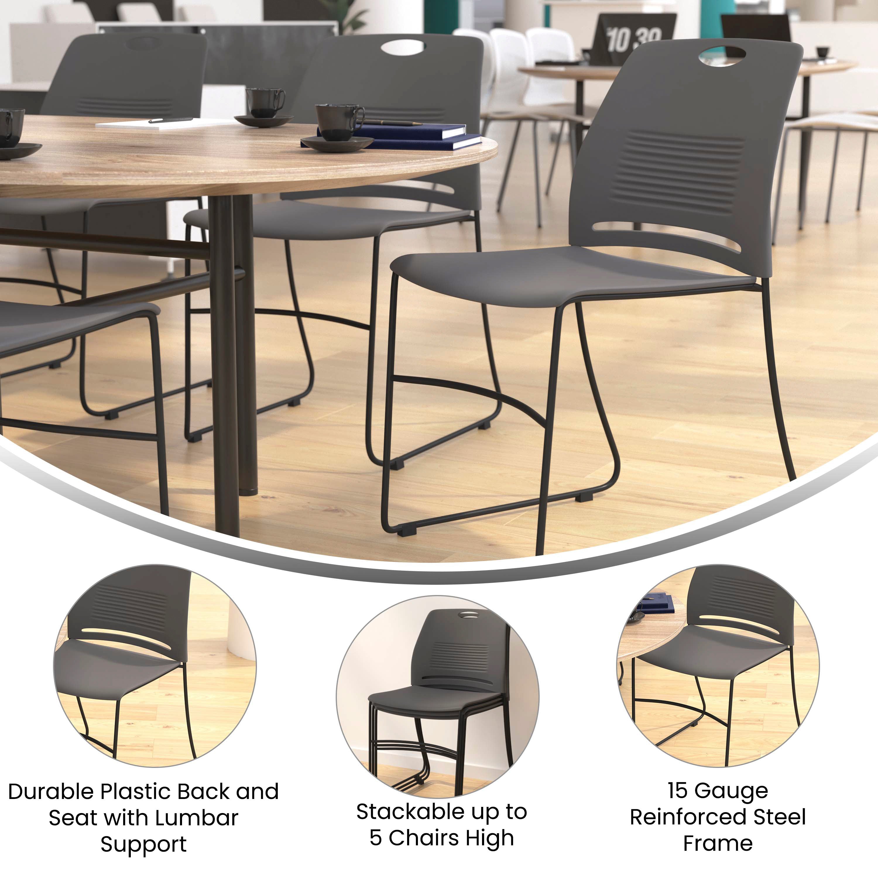 HERCULES Series Commercial Grade 660 lb. Capacity Gray Plastic Stack Chair with Black Powder Coated Sled Base Frame and Integrated Carrying Handle