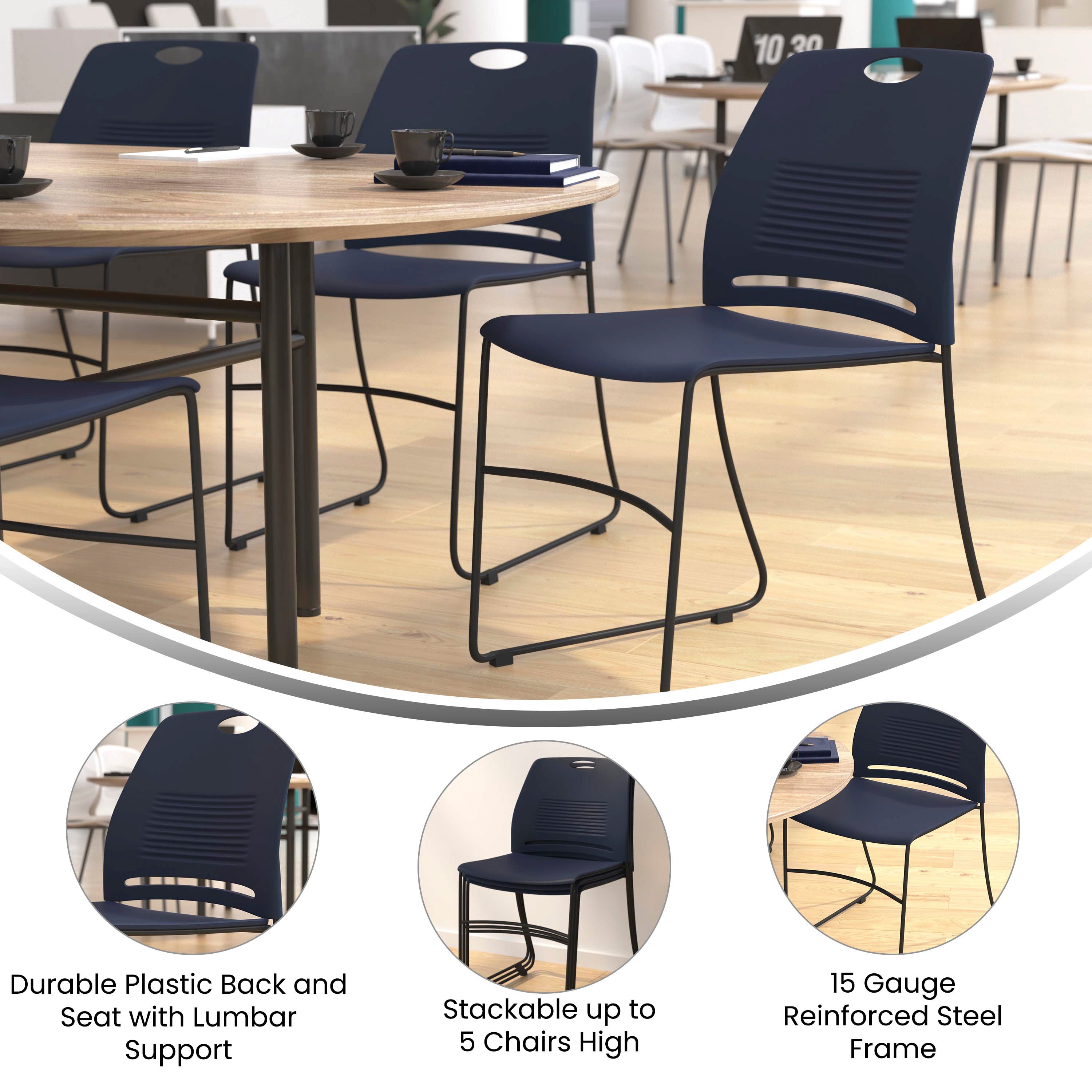 HERCULES Series Commercial Grade 660 lb. Capacity Navy Plastic Stack Chair with Black Powder Coated Sled Base Frame and Integrated Carrying Handle