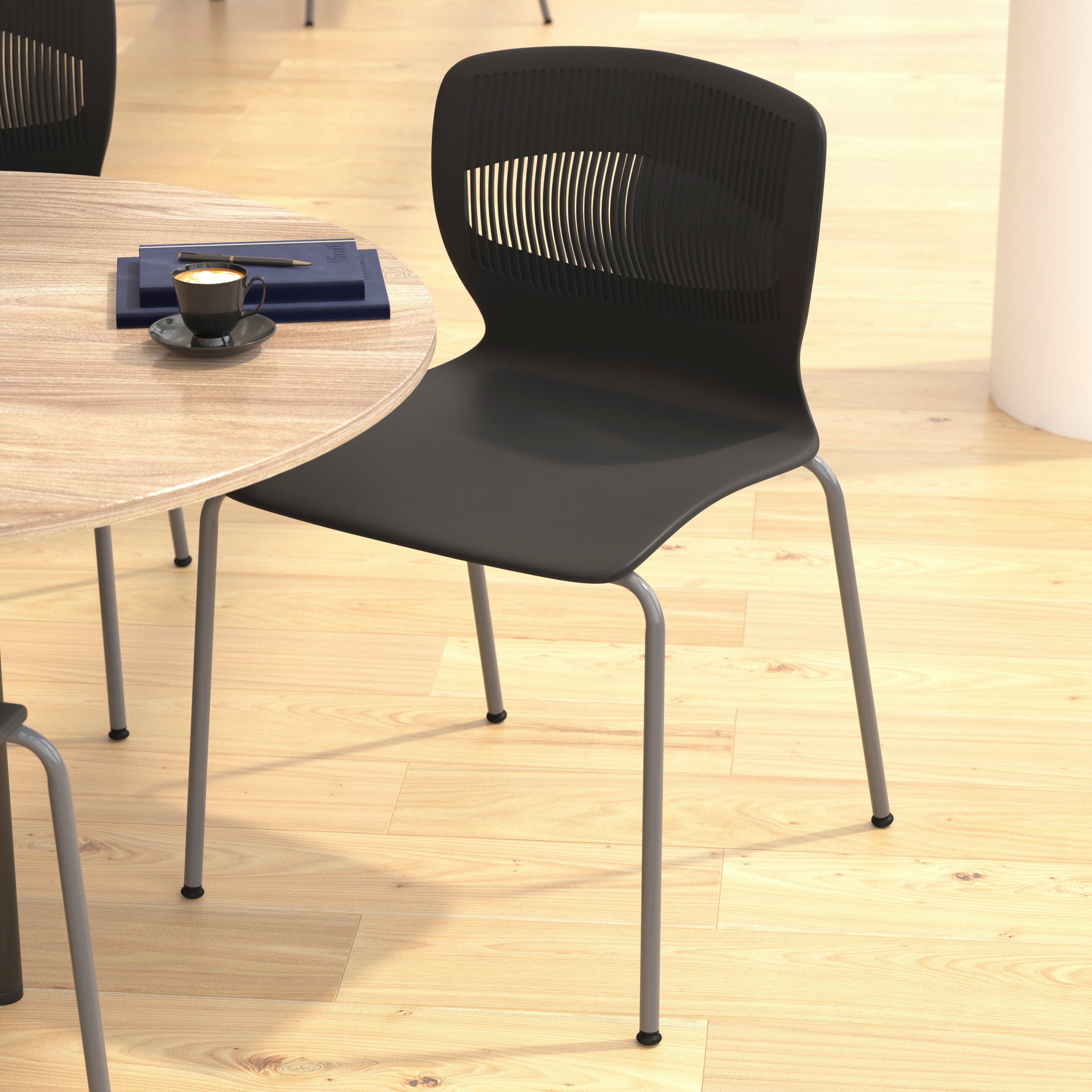 HERCULES Series Commercial Grade 770 lb. Capacity Ergonomic Stack Chair with Lumbar Support and Silver Steel Frame - Black