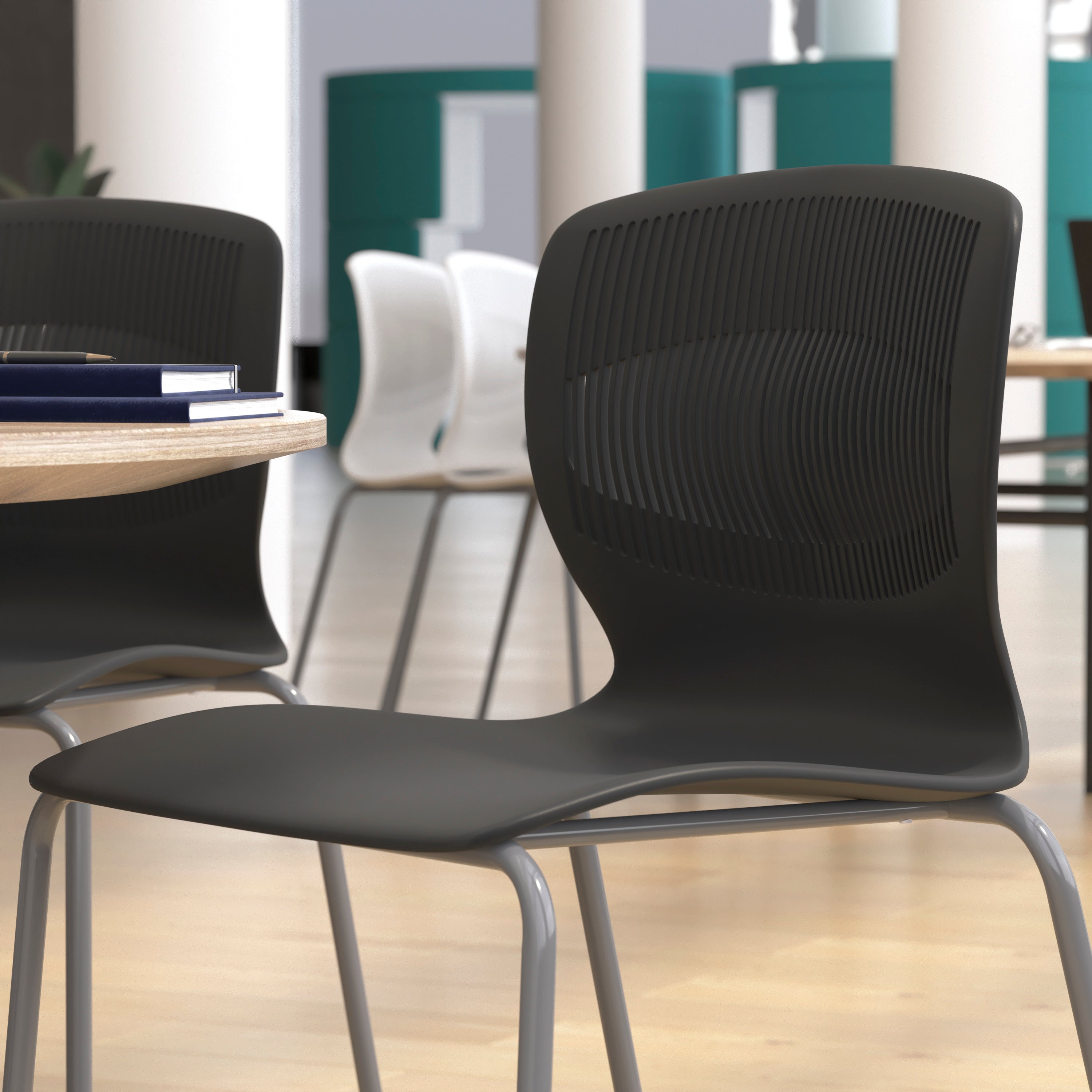 HERCULES Series Commercial Grade 770 lb. Capacity Ergonomic Stack Chair with Lumbar Support and Silver Steel Frame - Black
