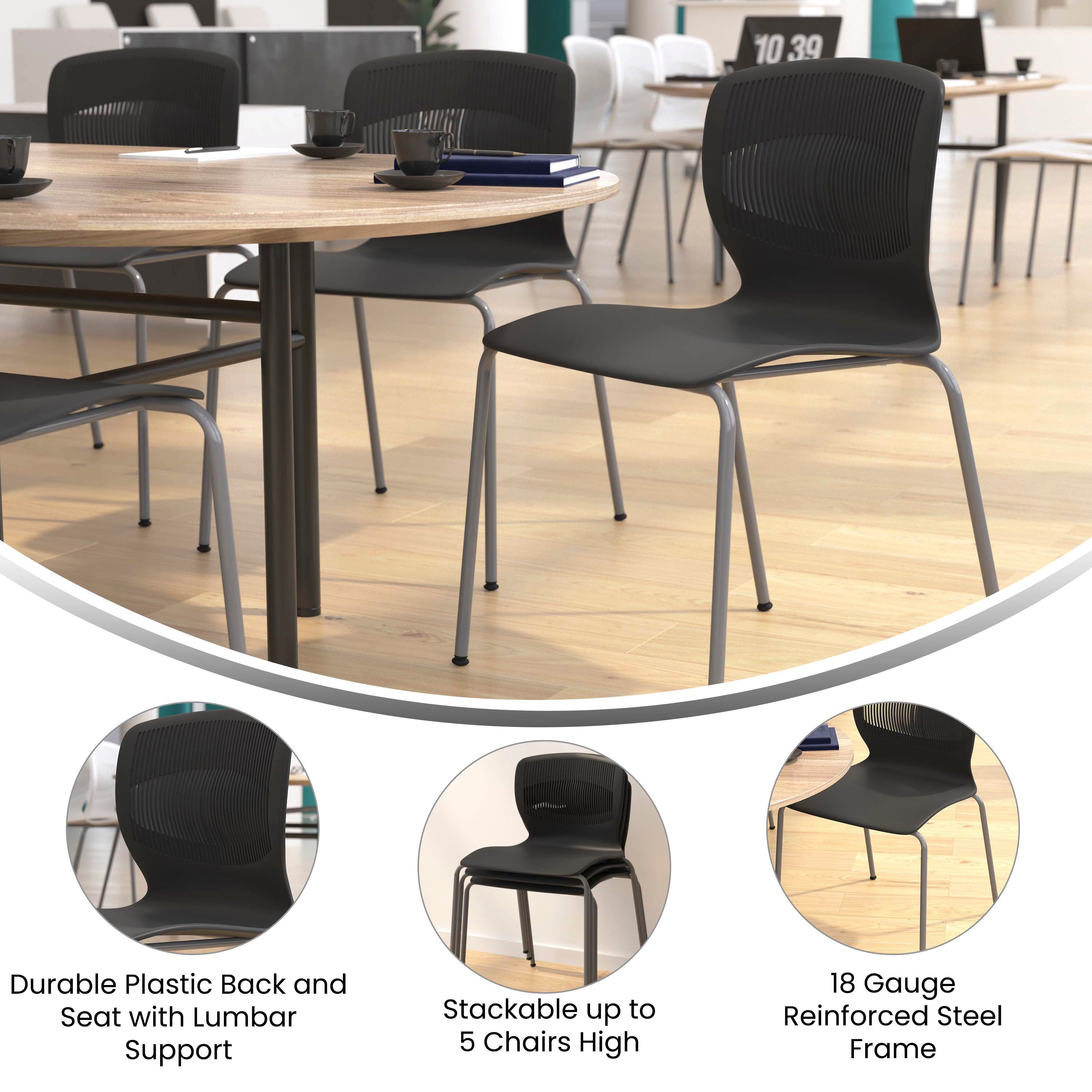 HERCULES Series Commercial Grade 770 lb. Capacity Ergonomic Stack Chair with Lumbar Support and Silver Steel Frame - Black