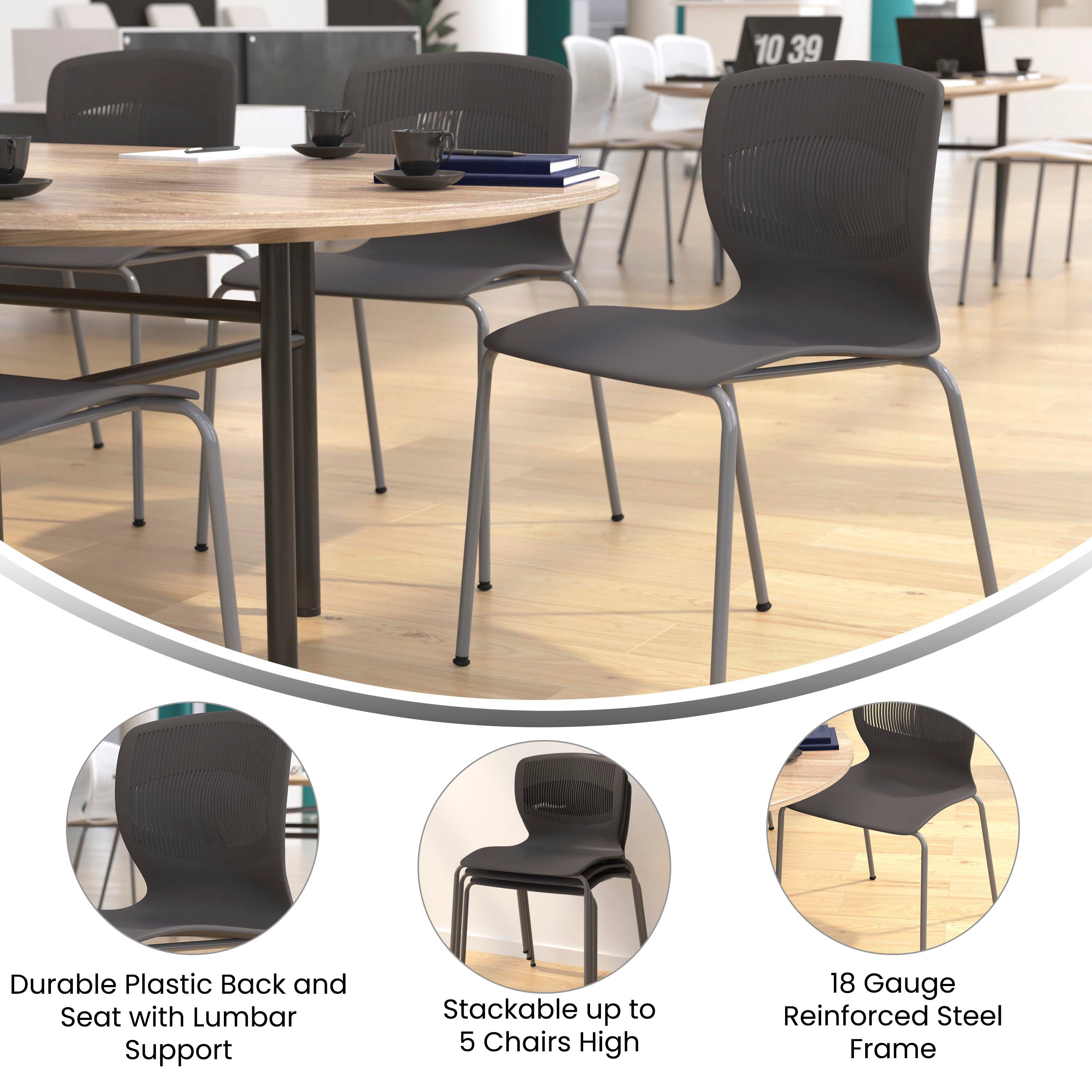HERCULES Series Commercial Grade 770 lb. Capacity Ergonomic Stack Chair with Lumbar Support and Silver Steel Frame - Gray
