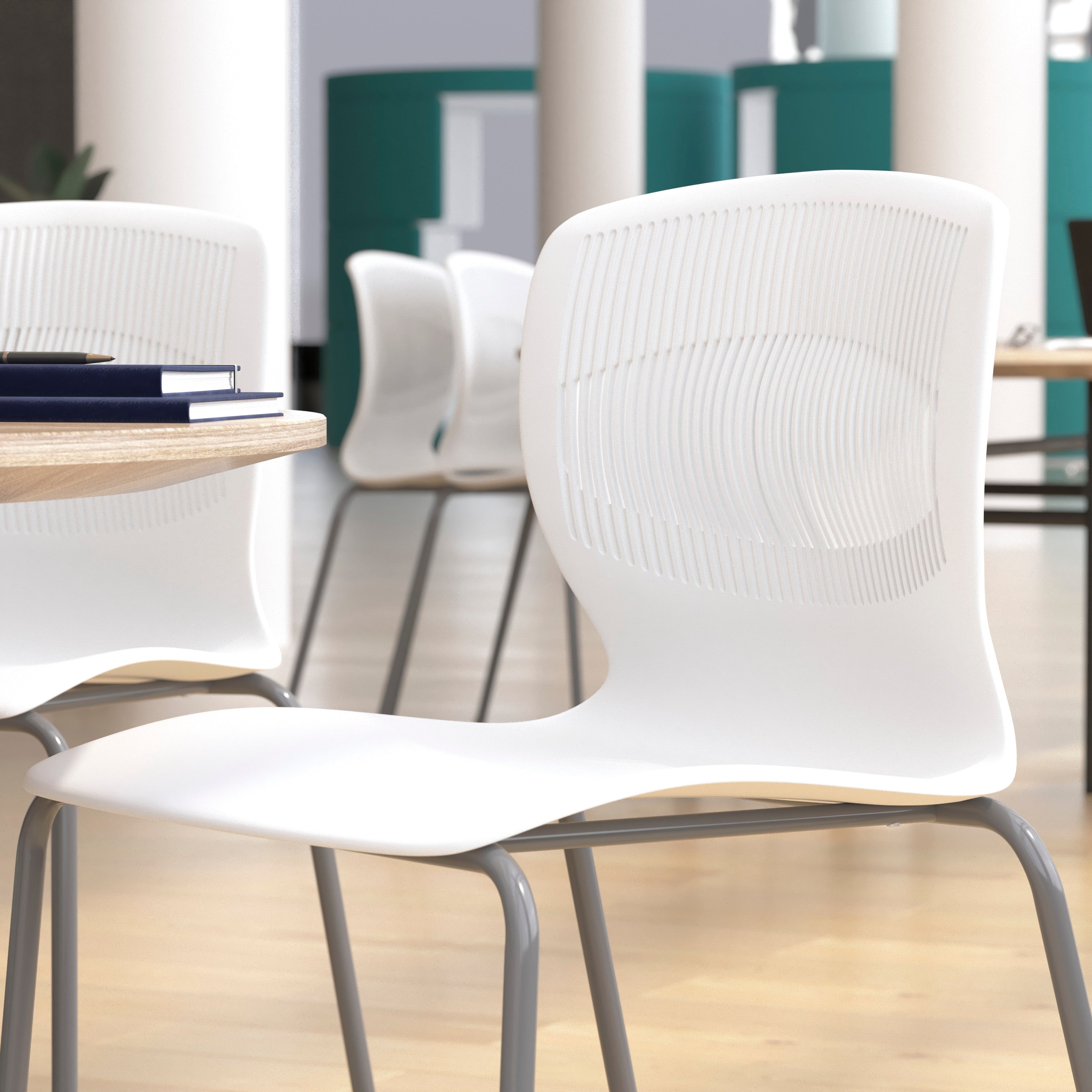 HERCULES Series Commercial Grade 770 lb. Capacity Ergonomic Stack Chair with Lumbar Support and Silver Steel Frame - White