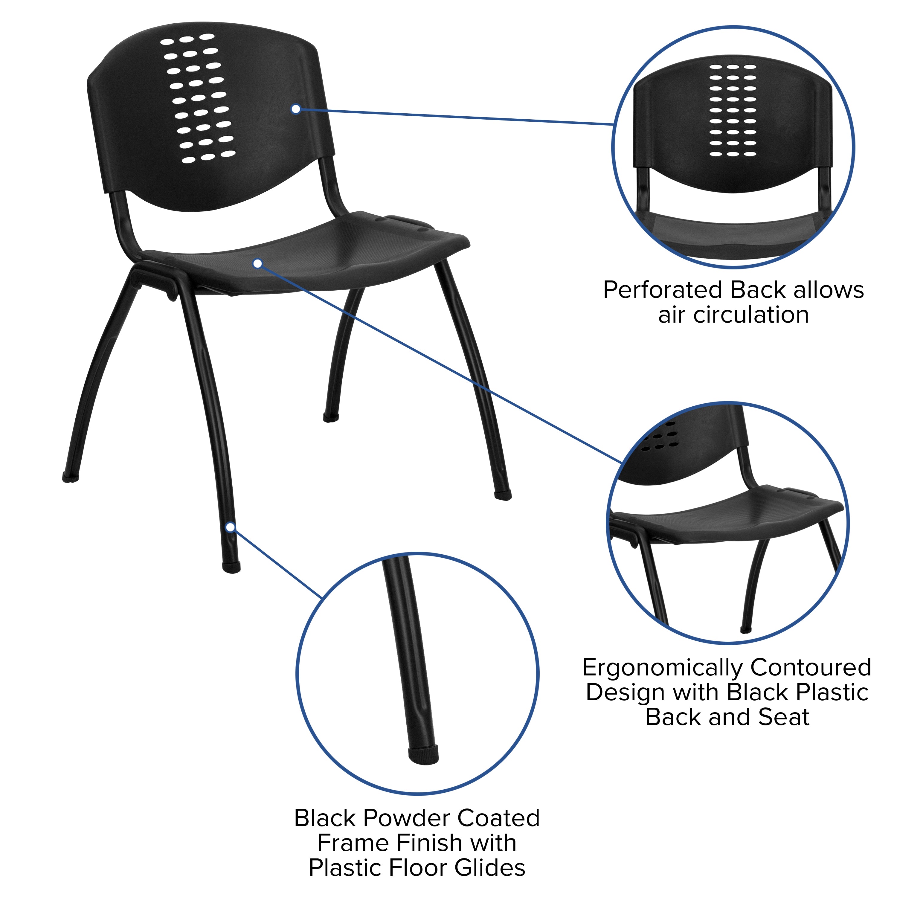 HERCULES Series 880 lb. Capacity Black Plastic Stack Chair with Oval Cutout Back and Black Frame