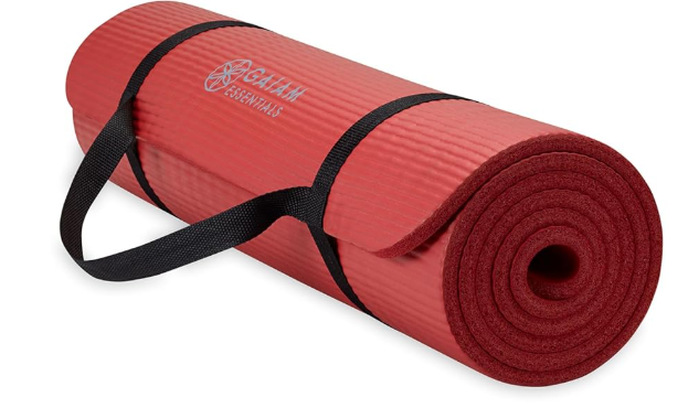 Gaiam Essentials 2/5" Thick (10mm) Yoga & Pilates, Fitness & Exercise Mat with Easy-Cinch Carrier Strap Cushion Support For Fitness and Gym Workouts - Red