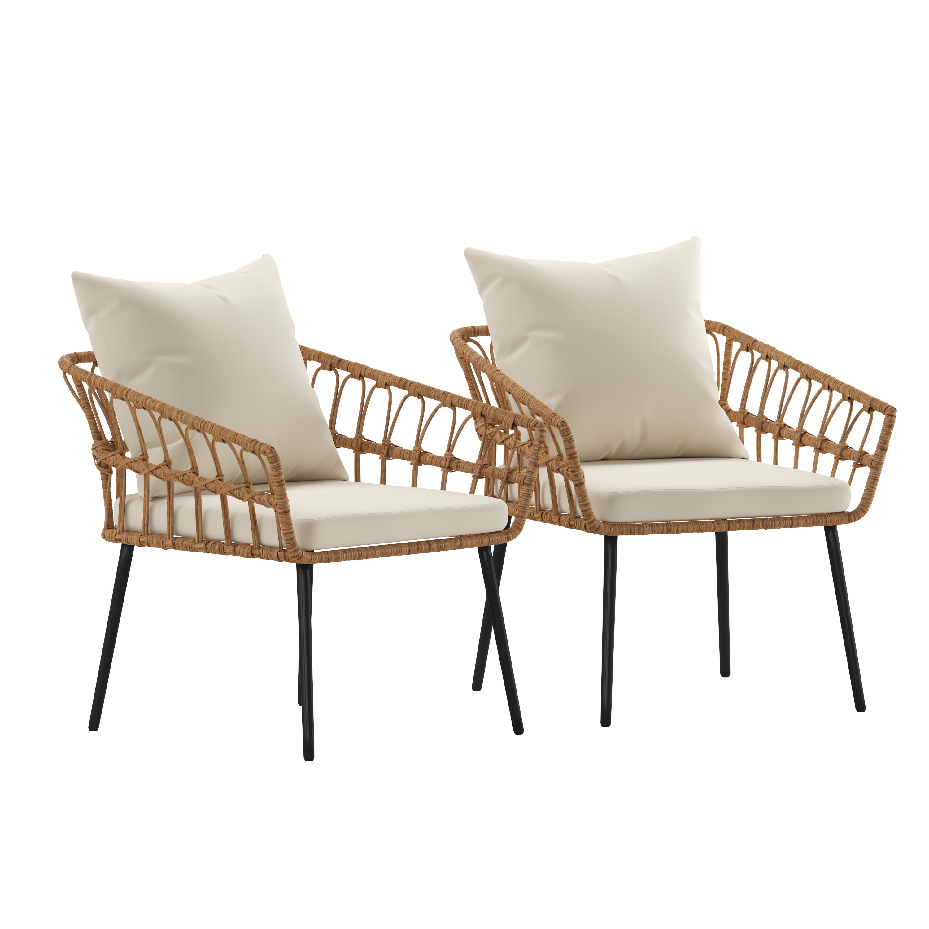 Evin Set of 2 Boho Indoor/Outdoor Rope Rattan Wicker Patio Chairs with Cream All-Weather Cushions, Natural
