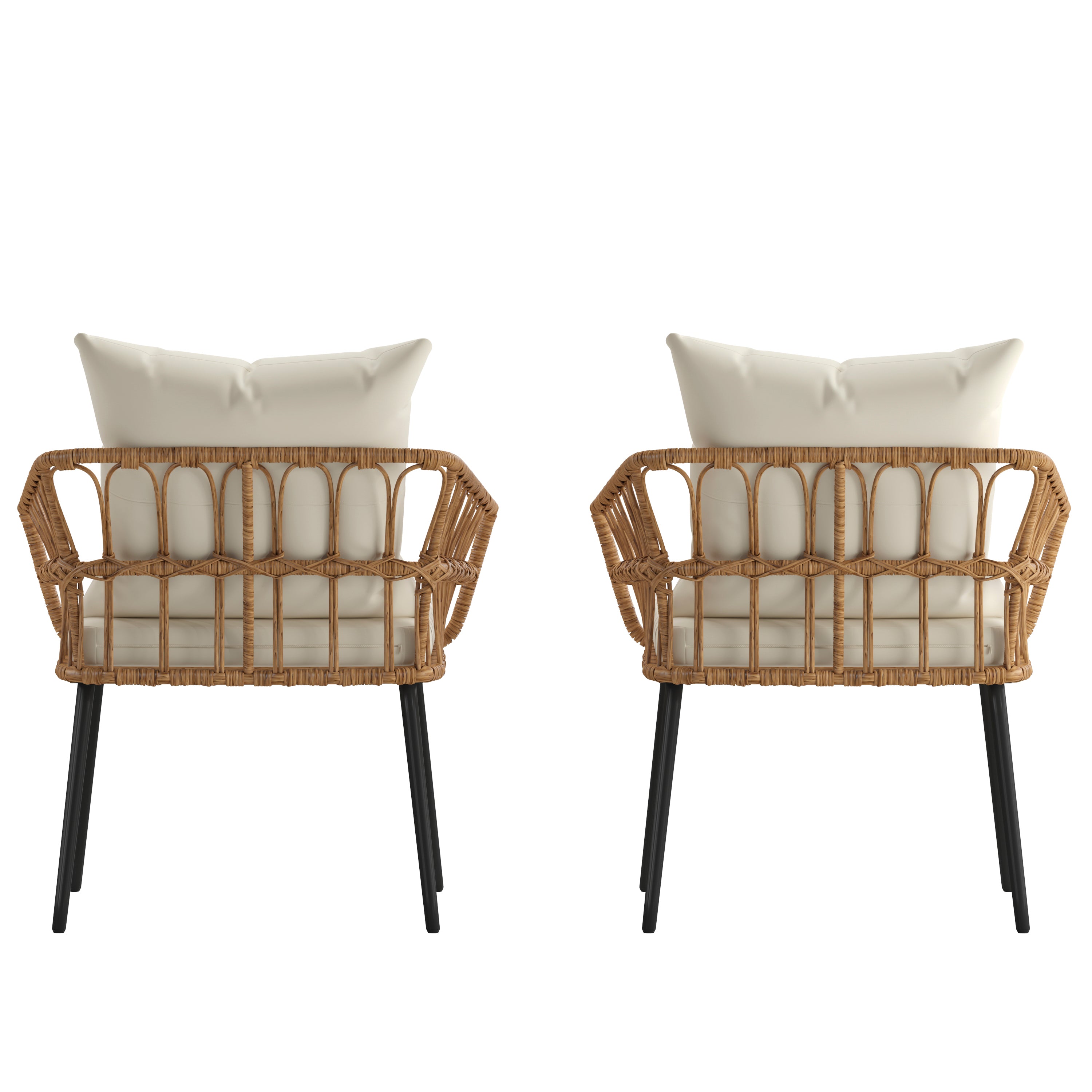 Evin Set of 2 Boho Indoor/Outdoor Rope Rattan Wicker Patio Chairs with Cream All-Weather Cushions, Natural