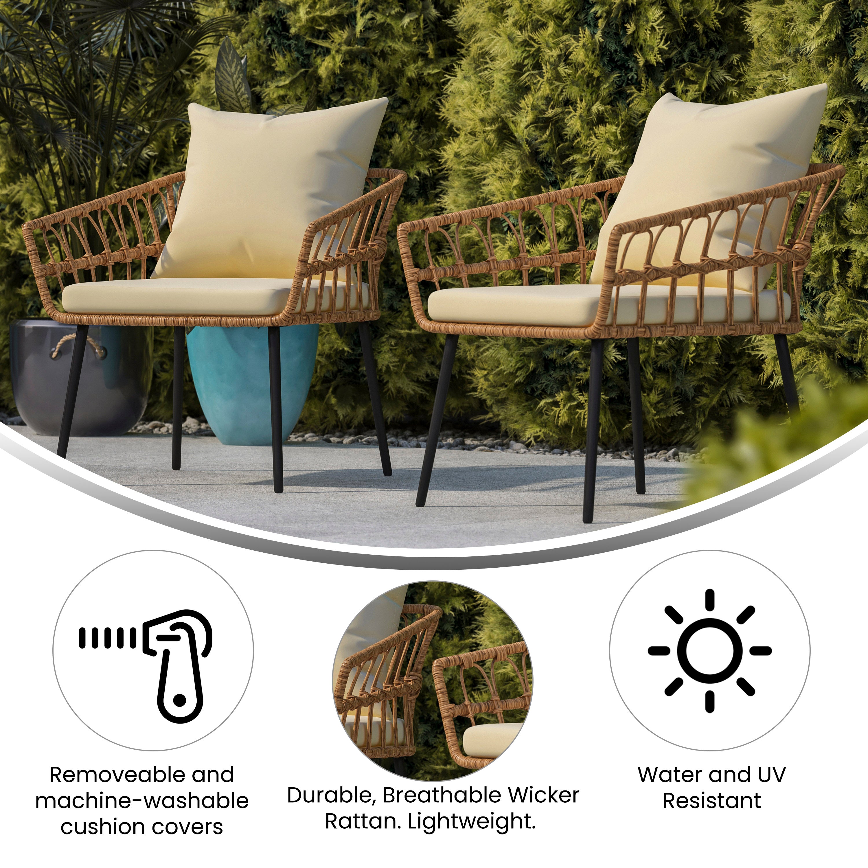 Evin Set of 2 Boho Indoor/Outdoor Rope Rattan Wicker Patio Chairs with Cream All-Weather Cushions, Natural