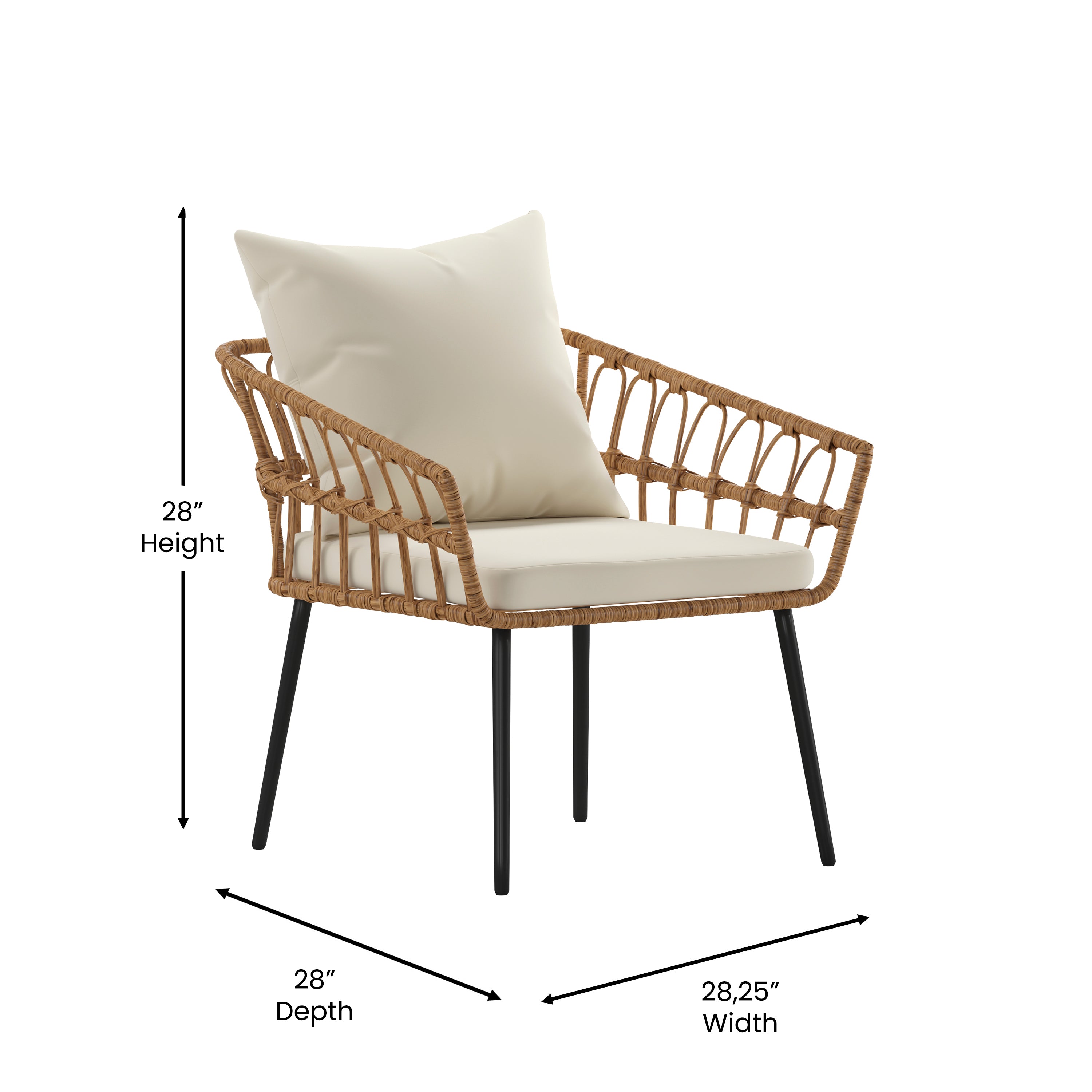 Evin Set of 2 Boho Indoor/Outdoor Rope Rattan Wicker Patio Chairs with Cream All-Weather Cushions, Natural