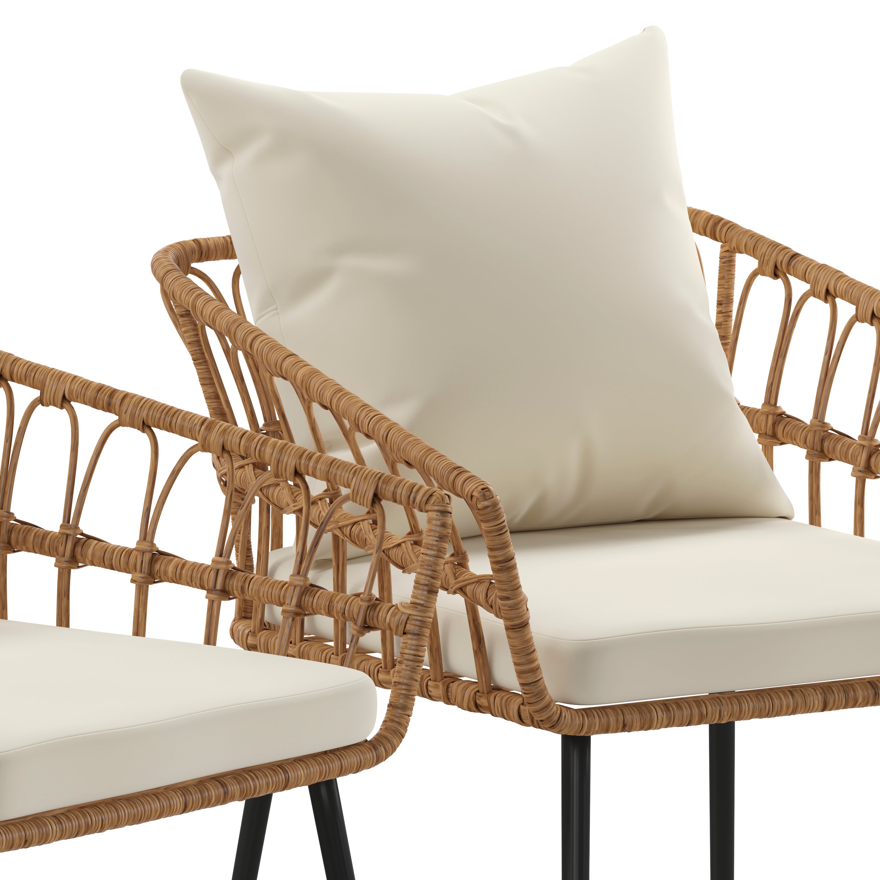 Evin Set of 2 Boho Indoor/Outdoor Rope Rattan Wicker Patio Chairs with Cream All-Weather Cushions, Natural