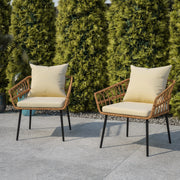 Evin Set of 2 Boho Indoor/Outdoor Rope Rattan Wicker Patio Chairs with Cream All-Weather Cushions, Natural