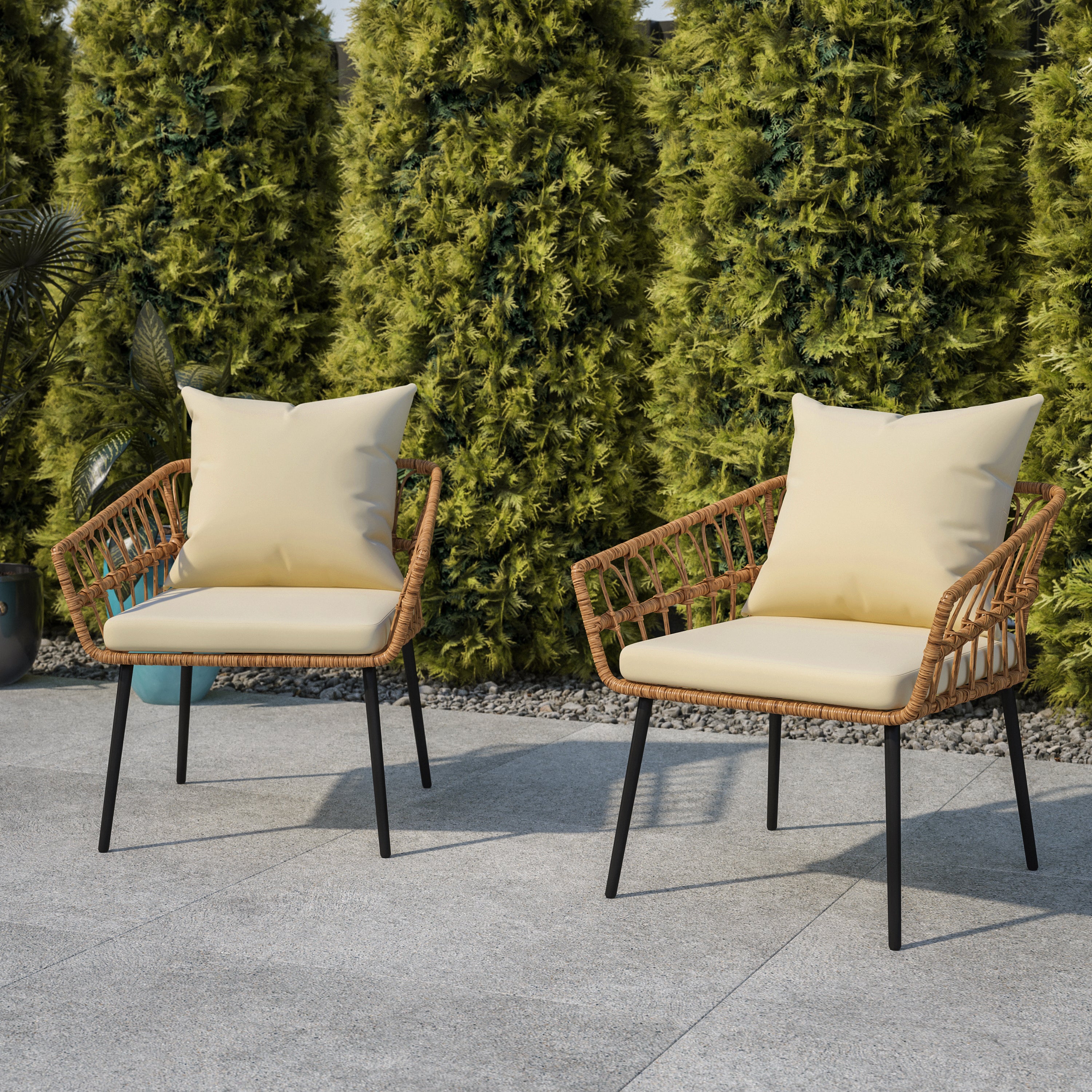 Evin Set of 2 Boho Indoor/Outdoor Rope Rattan Wicker Patio Chairs with Cream All-Weather Cushions, Natural