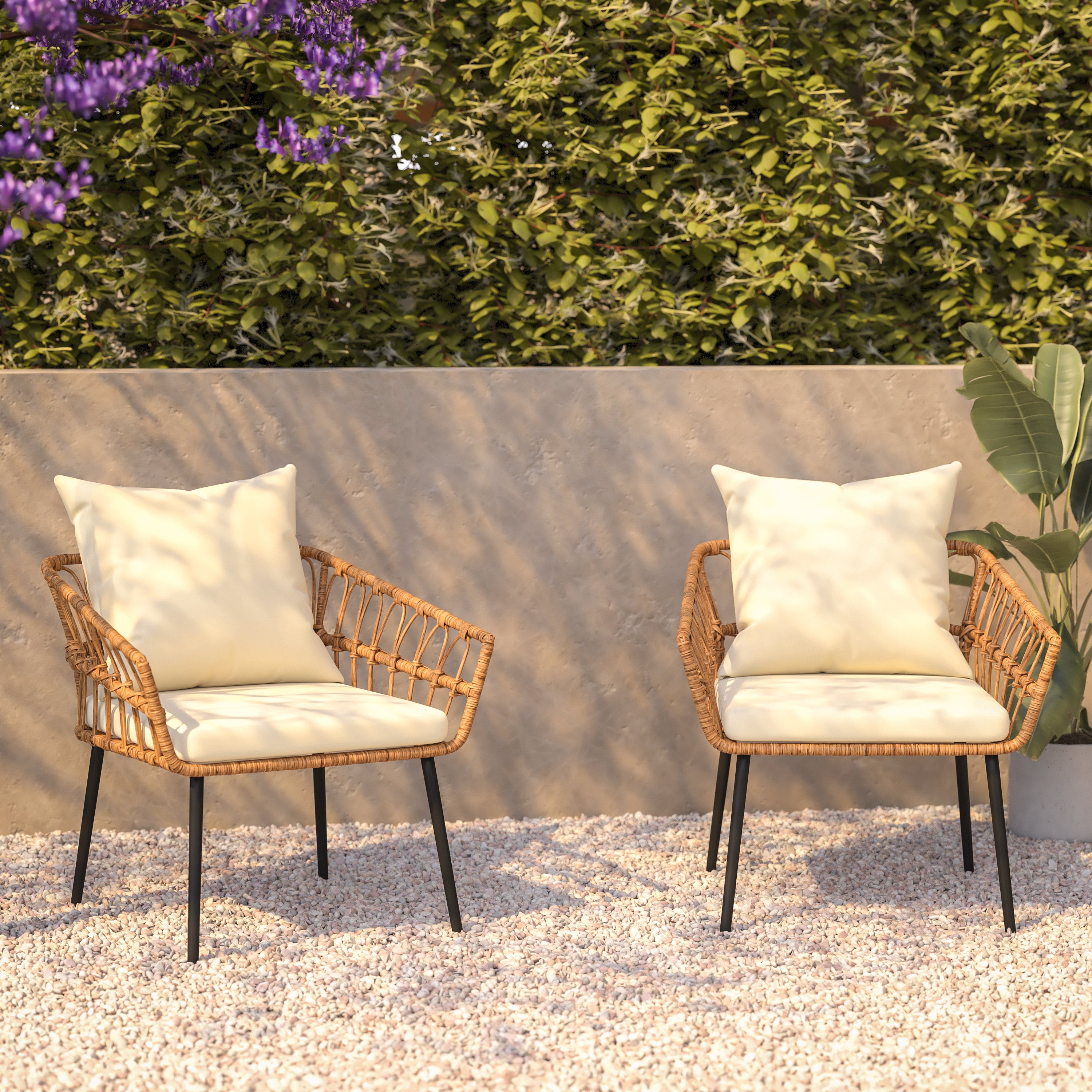 Evin Set of 2 Boho Indoor/Outdoor Rope Rattan Wicker Patio Chairs with Cream All-Weather Cushions, Natural