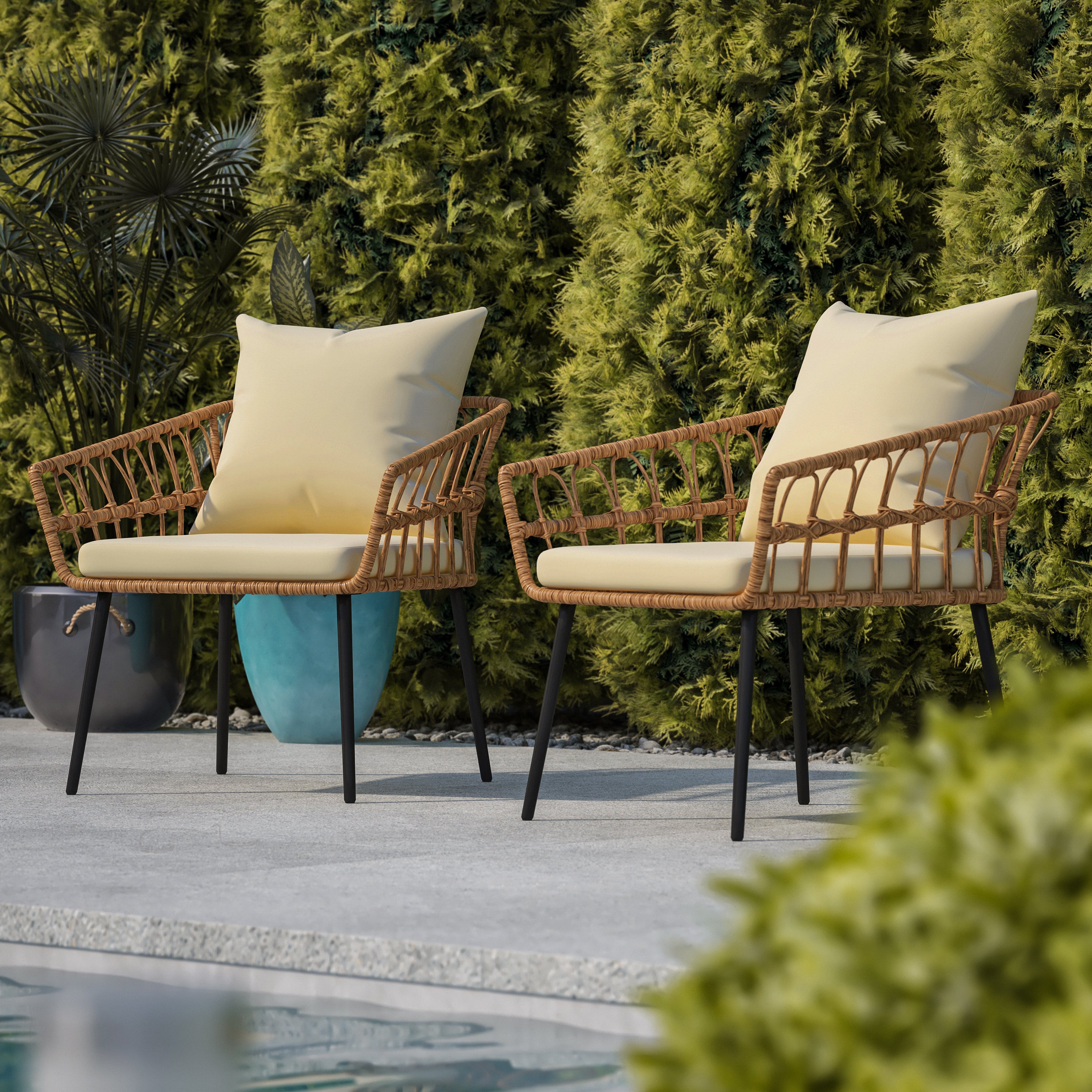 Evin Set of 2 Boho Indoor/Outdoor Rope Rattan Wicker Patio Chairs with Cream All-Weather Cushions, Natural
