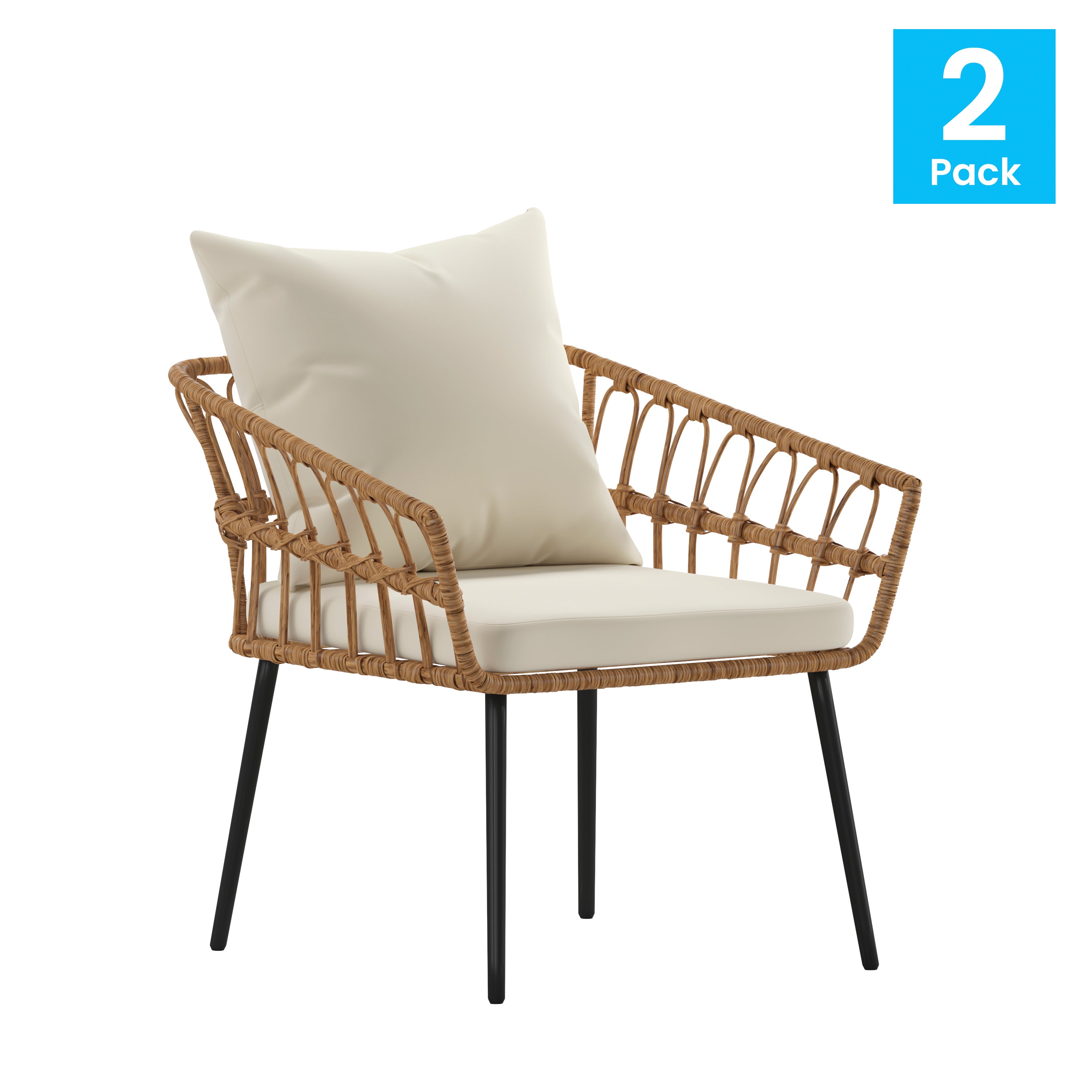 Evin Set of 2 Boho Indoor/Outdoor Rope Rattan Wicker Patio Chairs with Cream All-Weather Cushions, Natural