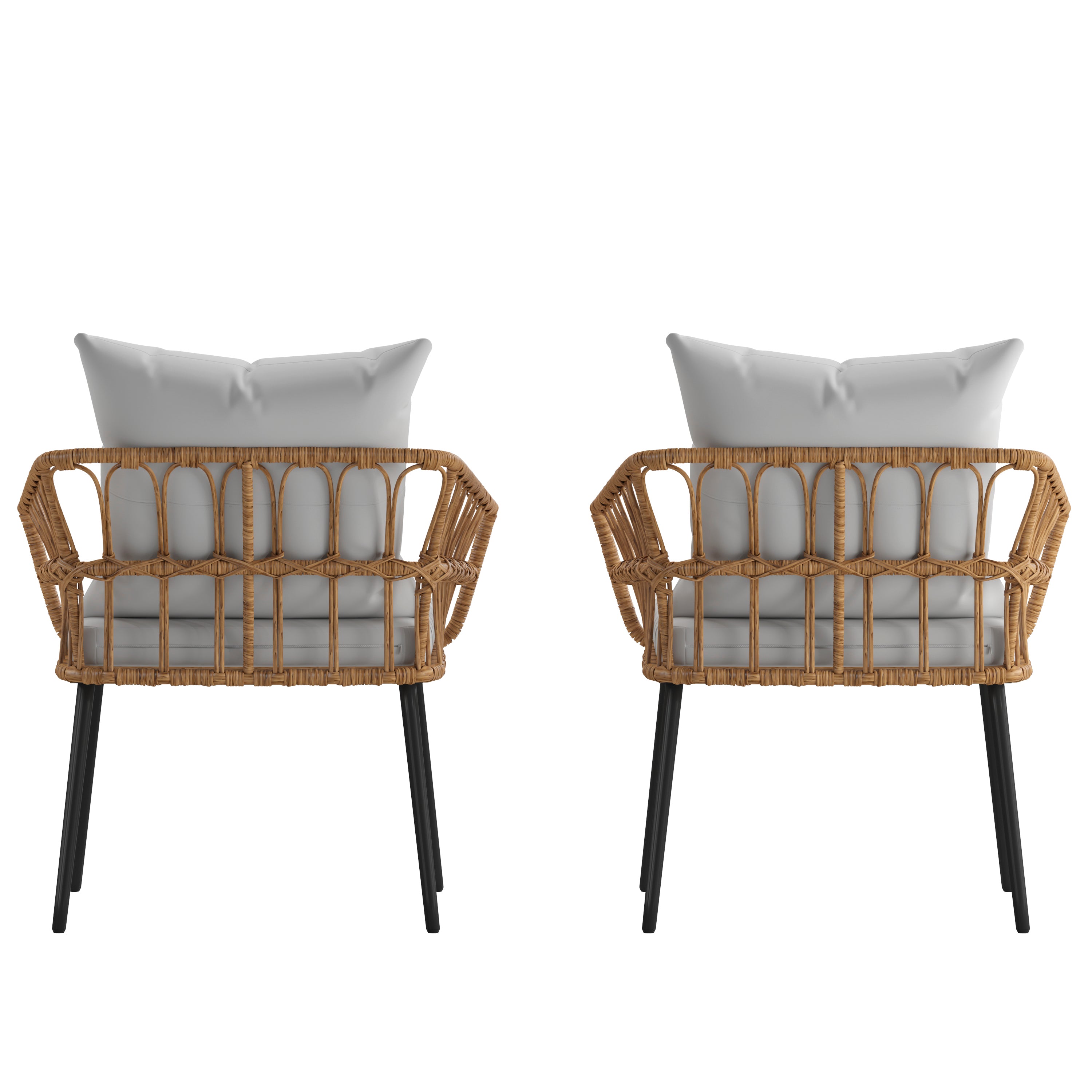 Evin Set of 2 Boho Indoor/Outdoor Rope Rattan Wicker Patio Chairs with Gray All-Weather Cushions, Natural