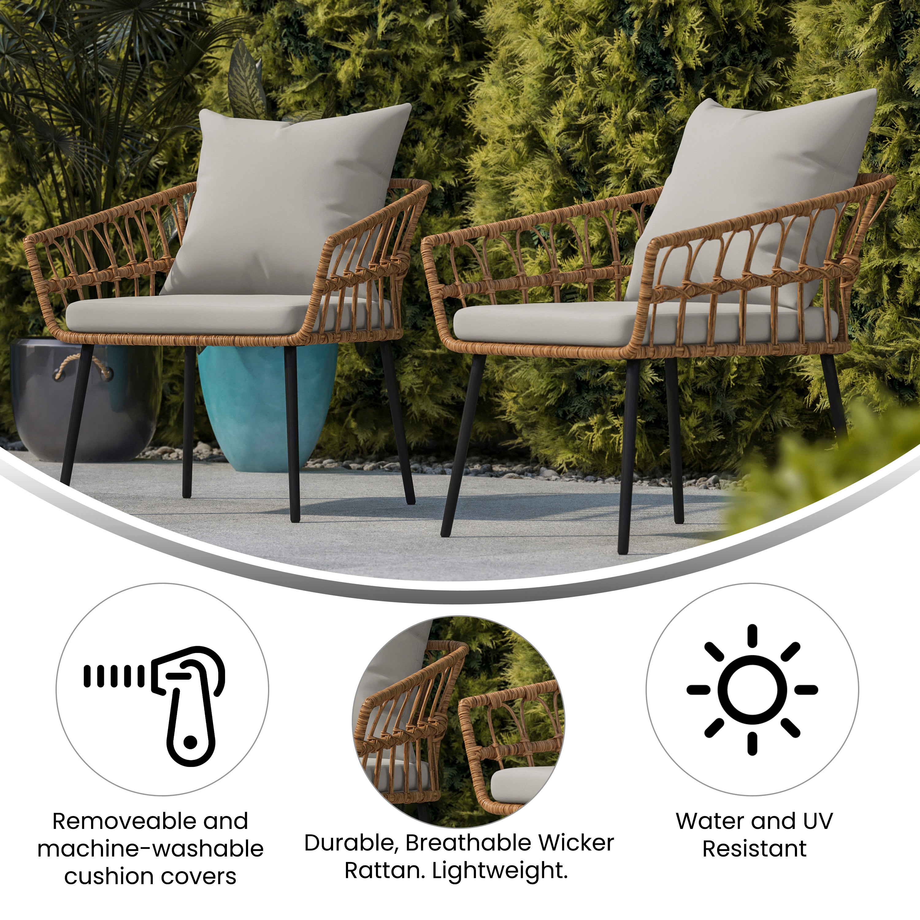 Evin Set of 2 Boho Indoor/Outdoor Rope Rattan Wicker Patio Chairs with Gray All-Weather Cushions, Natural