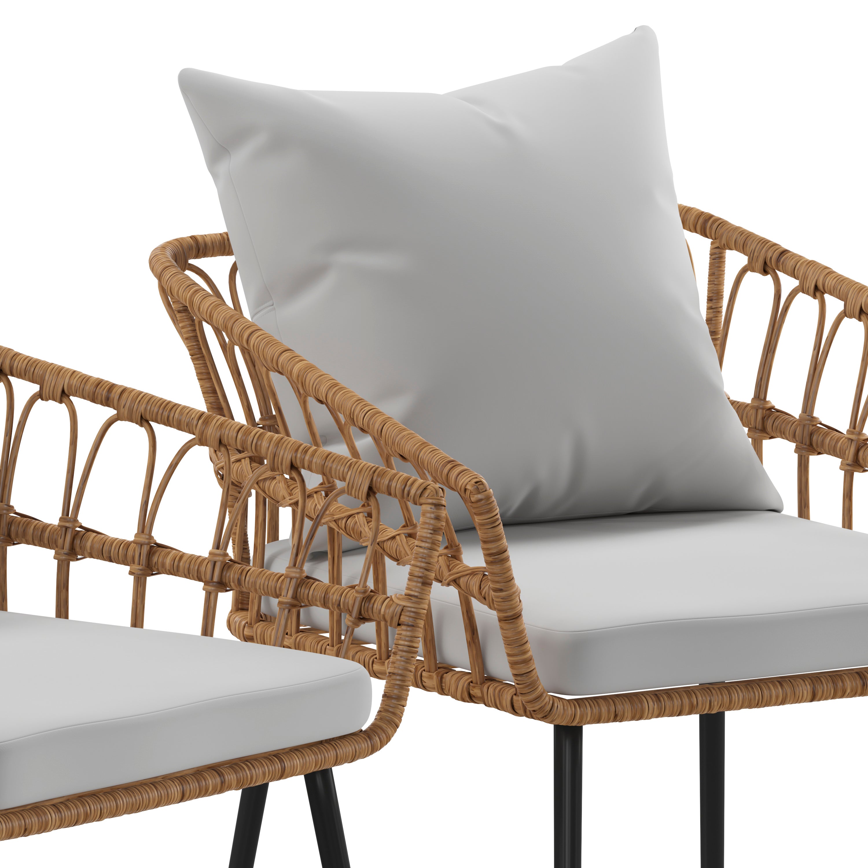 Evin Set of 2 Boho Indoor/Outdoor Rope Rattan Wicker Patio Chairs with Gray All-Weather Cushions, Natural