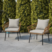 Evin Set of 2 Boho Indoor/Outdoor Rope Rattan Wicker Patio Chairs with Gray All-Weather Cushions, Natural