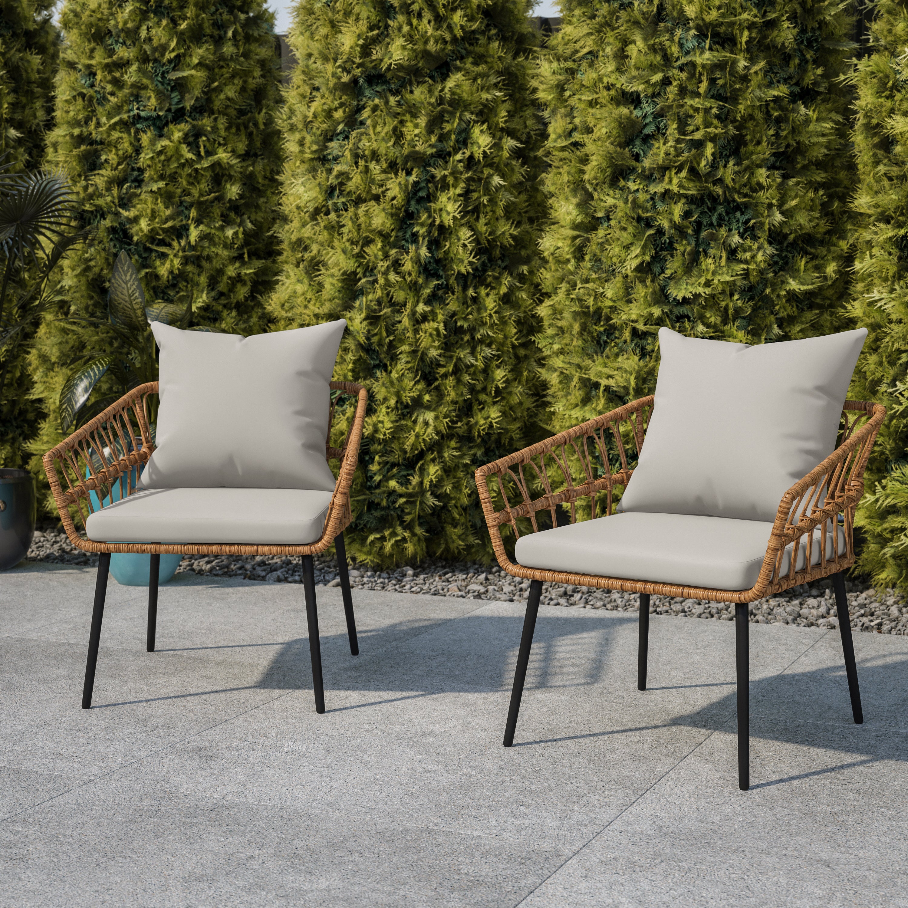 Evin Set of 2 Boho Indoor/Outdoor Rope Rattan Wicker Patio Chairs with Gray All-Weather Cushions, Natural