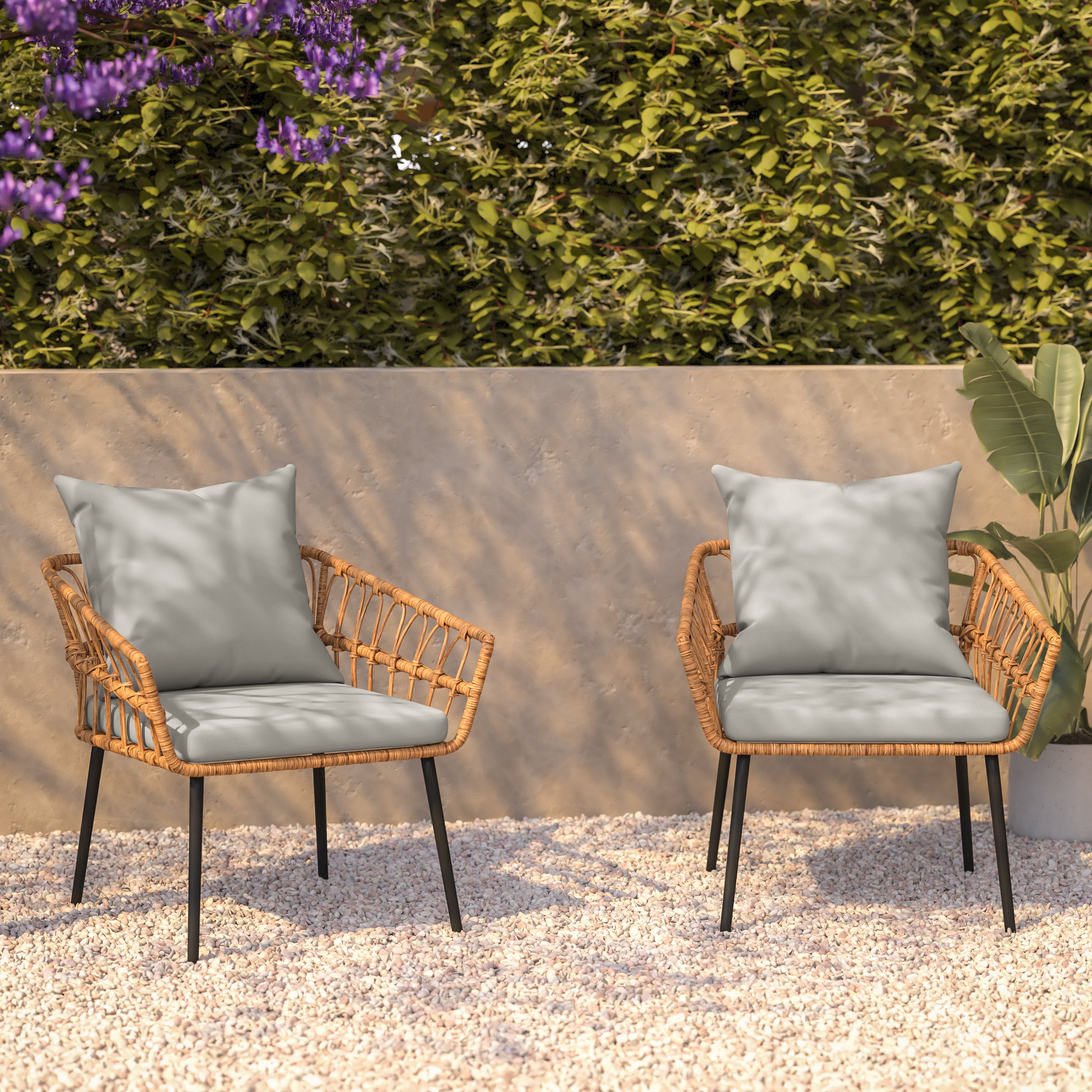 Evin Set of 2 Boho Indoor/Outdoor Rope Rattan Wicker Patio Chairs with Gray All-Weather Cushions, Natural