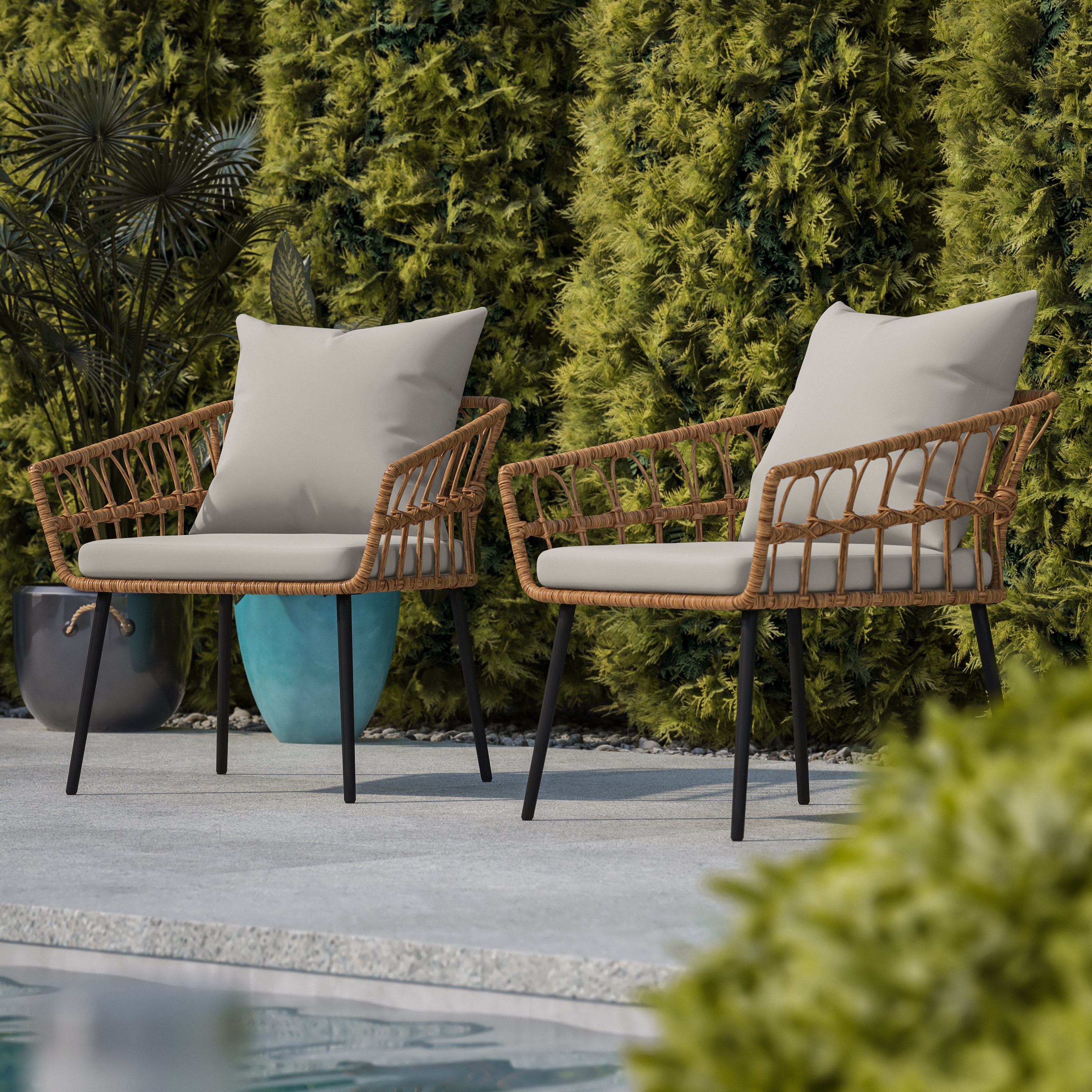 Evin Set of 2 Boho Indoor/Outdoor Rope Rattan Wicker Patio Chairs with Gray All-Weather Cushions, Natural