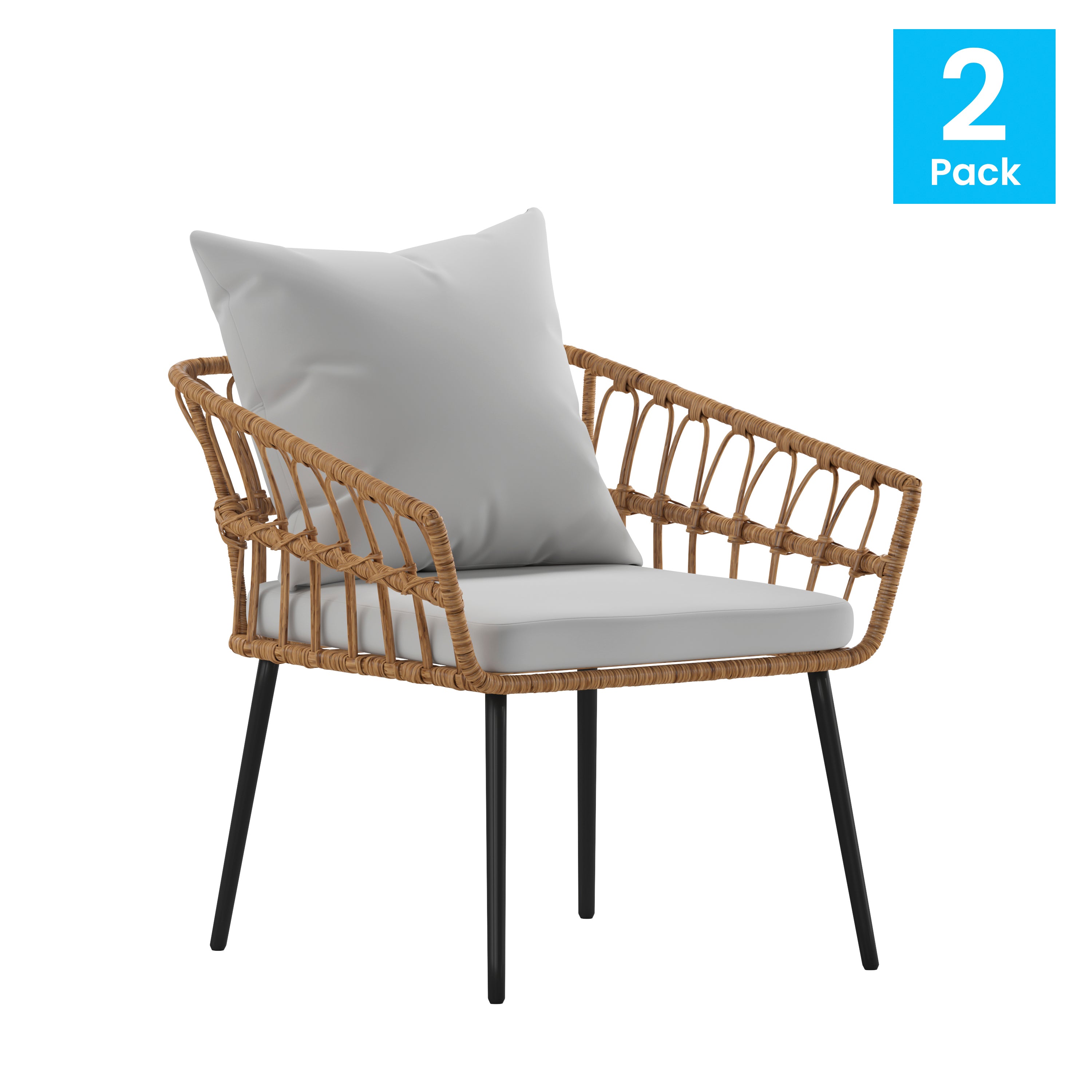 Evin Set of 2 Boho Indoor/Outdoor Rope Rattan Wicker Patio Chairs with Gray All-Weather Cushions, Natural