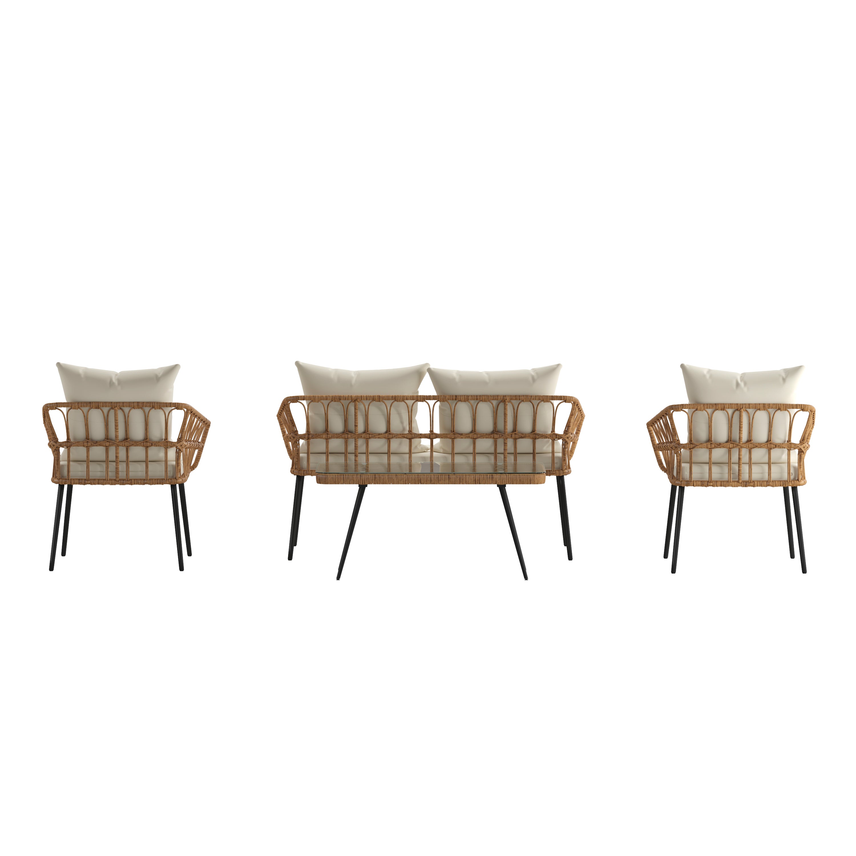 Evin Boho 4 Piece Indoor/Outdoor Rope Rattan Patio Conversation Set with Tempered Glass Top Coffee Table and Cream Cushions, Natural