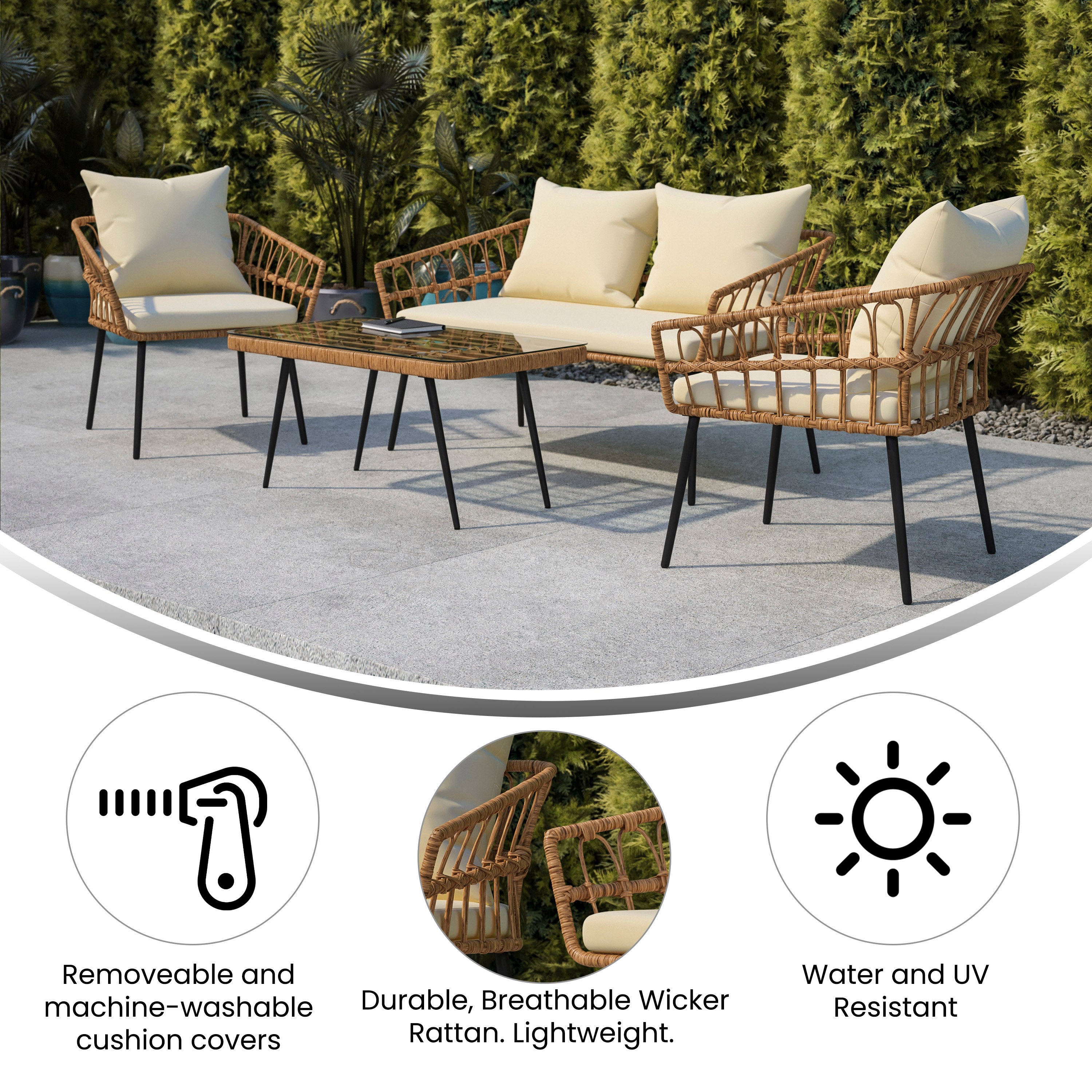 Evin Boho 4 Piece Indoor/Outdoor Rope Rattan Patio Conversation Set with Tempered Glass Top Coffee Table and Cream Cushions, Natural