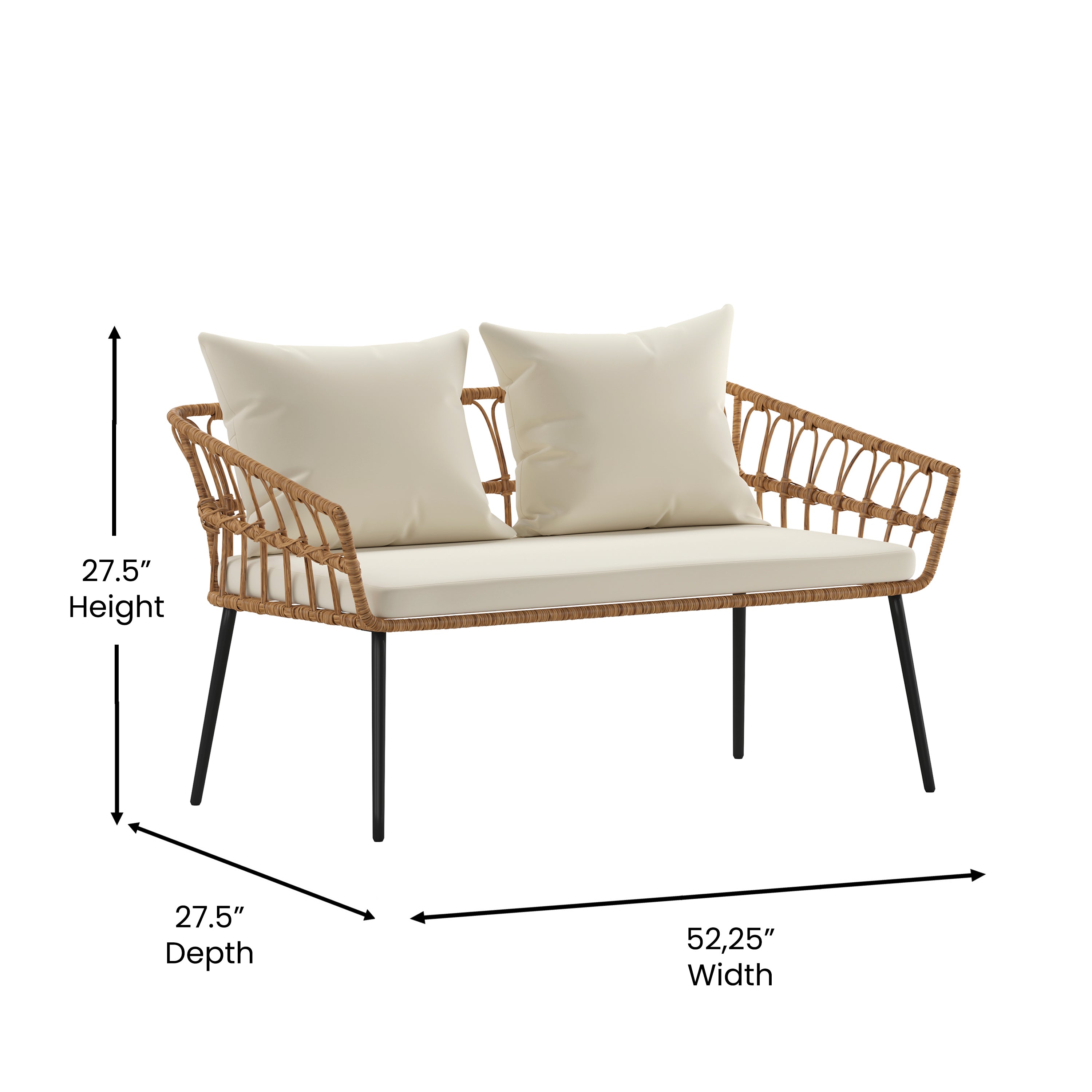 Evin Boho 4 Piece Indoor/Outdoor Rope Rattan Patio Conversation Set with Tempered Glass Top Coffee Table and Cream Cushions, Natural