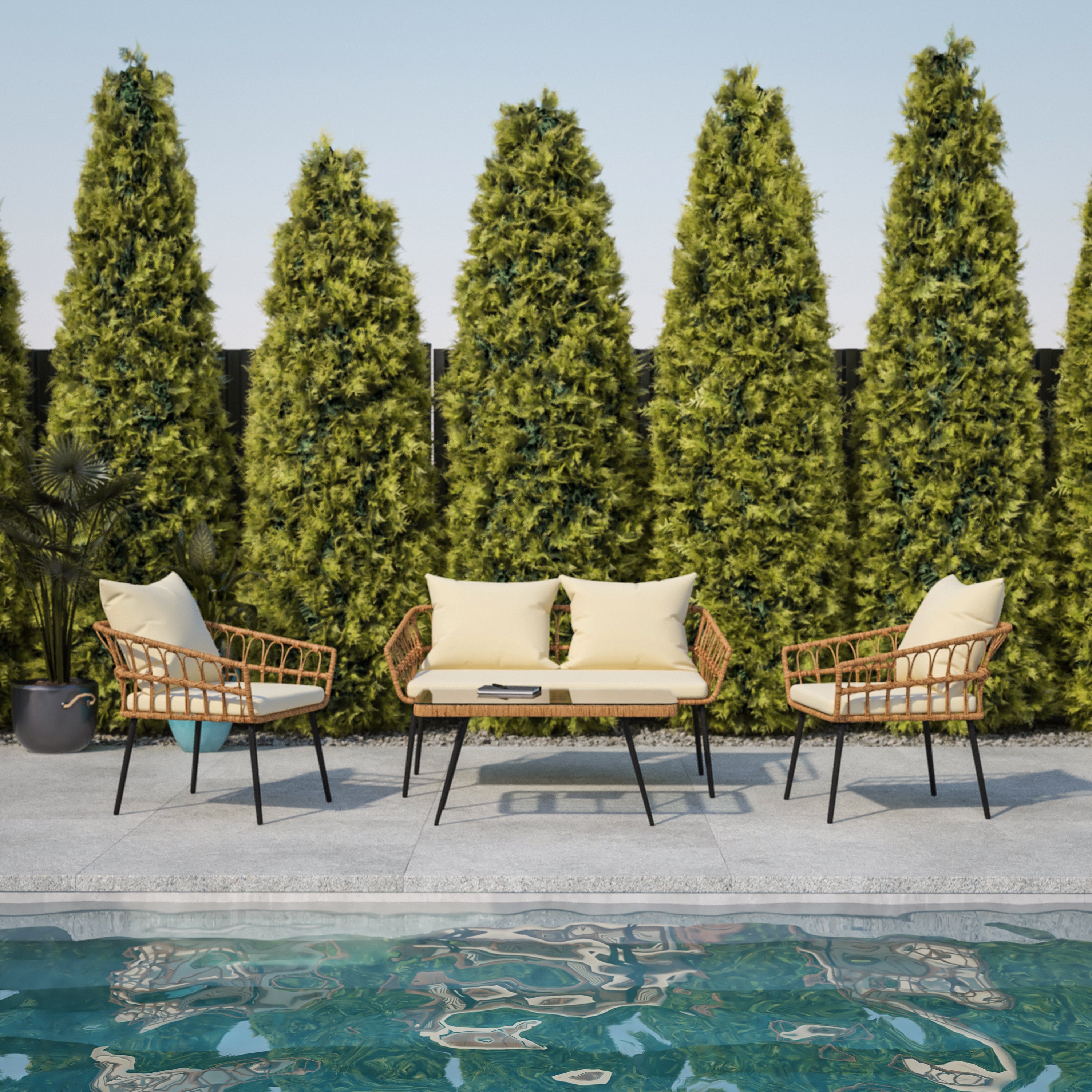 Evin Boho 4 Piece Indoor/Outdoor Rope Rattan Patio Conversation Set with Tempered Glass Top Coffee Table and Cream Cushions, Natural
