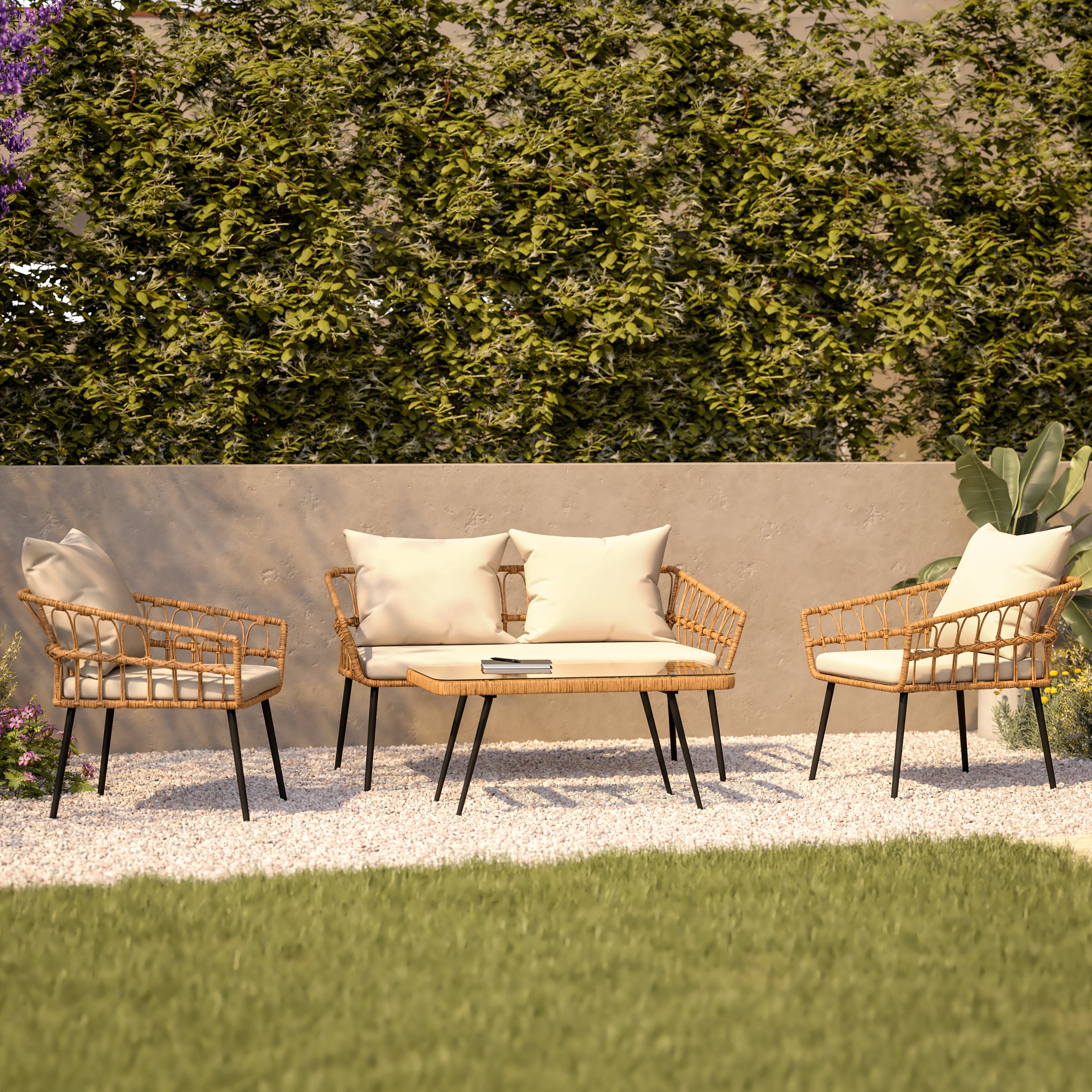 Evin Boho 4 Piece Indoor/Outdoor Rope Rattan Patio Conversation Set with Tempered Glass Top Coffee Table and Cream Cushions, Natural