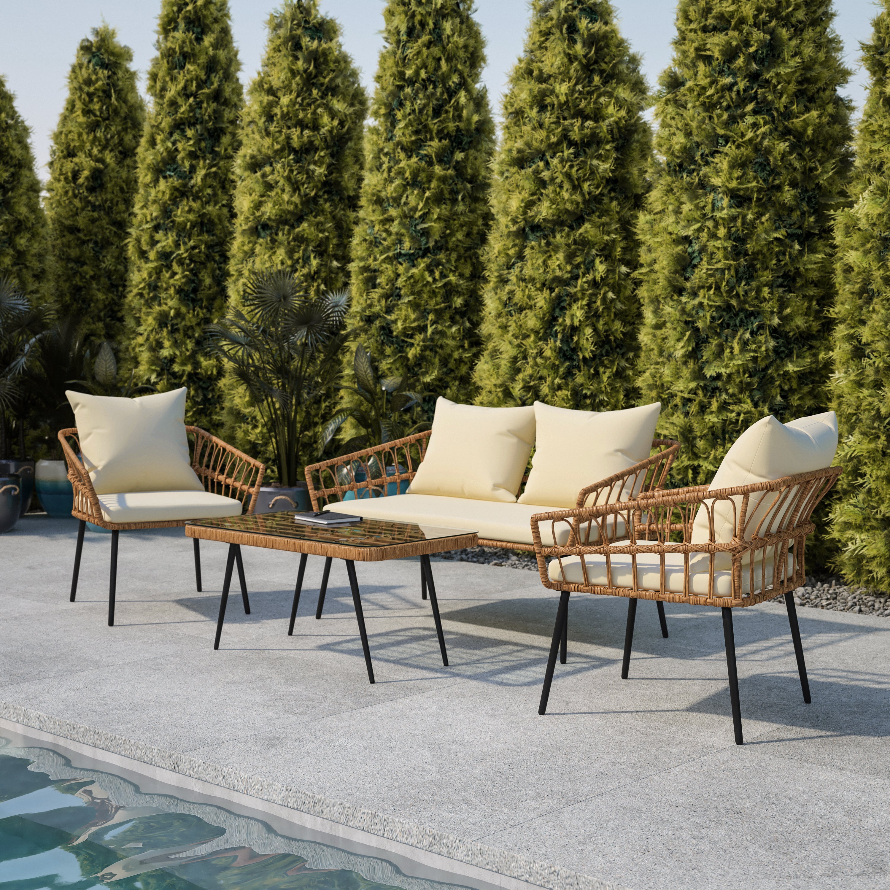 Evin Boho 4 Piece Indoor/Outdoor Rope Rattan Patio Conversation Set with Tempered Glass Top Coffee Table and Cream Cushions, Natural