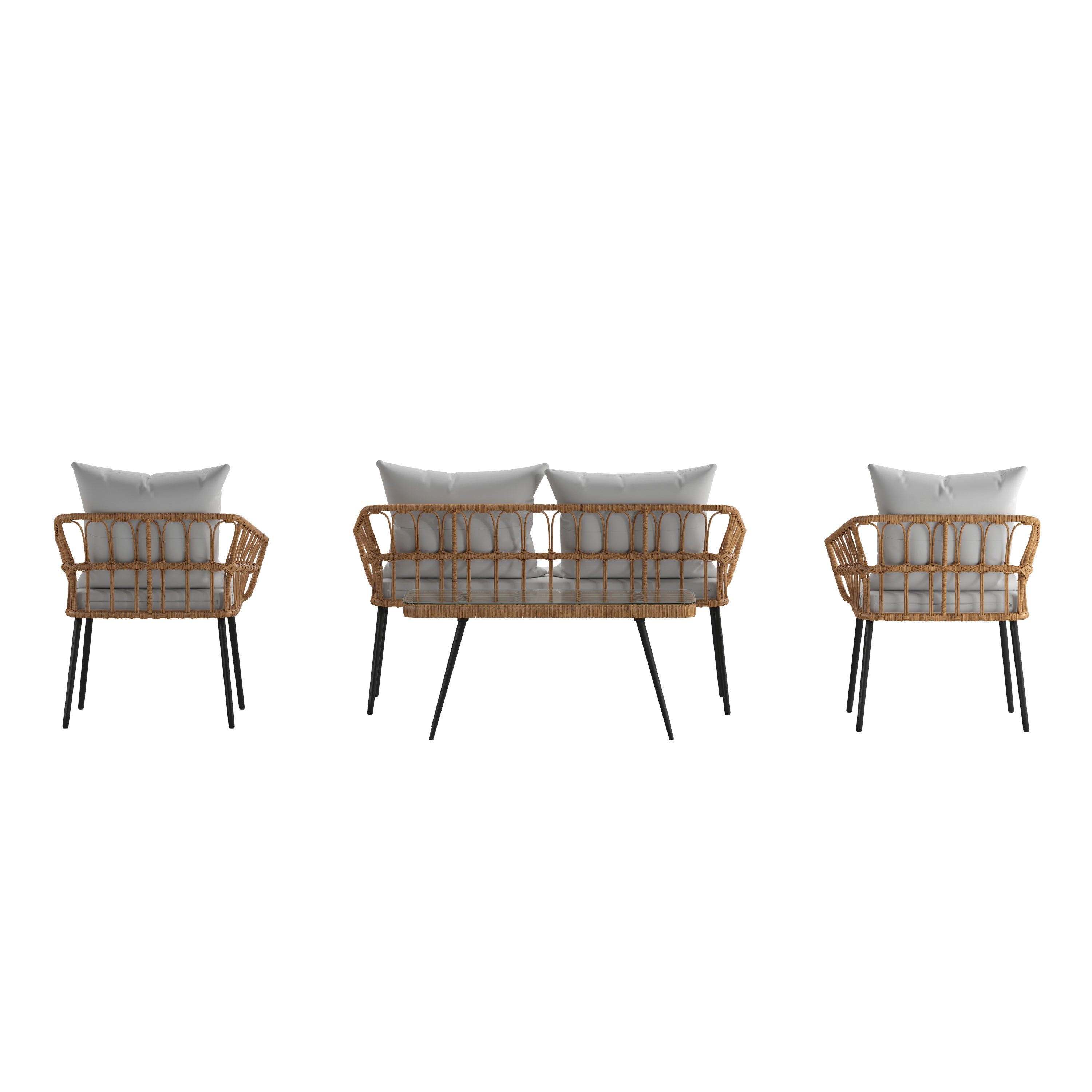 Evin Boho 4 Piece Indoor/Outdoor Rope Rattan Patio Conversation Set with Tempered Glass Top Coffee Table and Gray Cushions, Natural